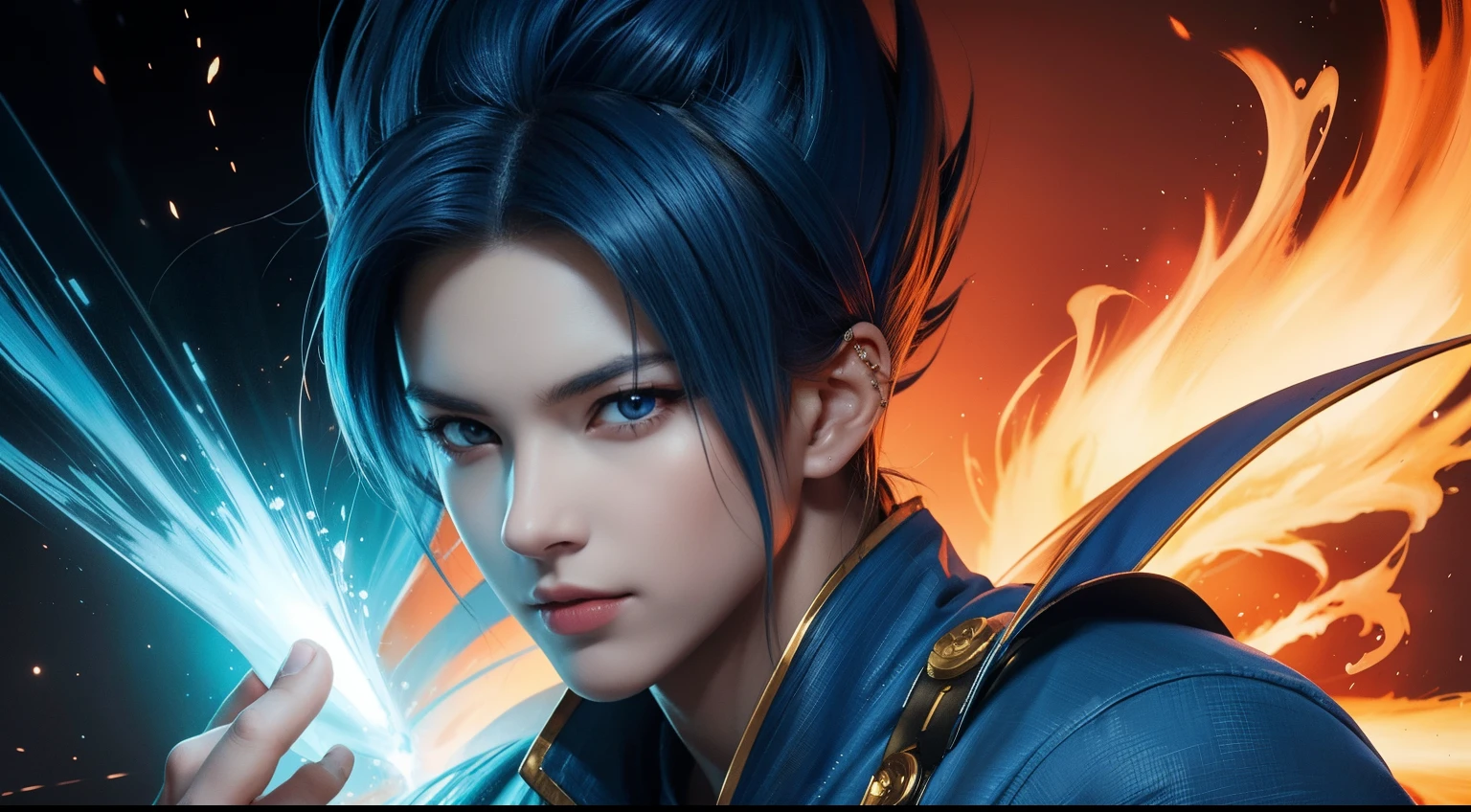 (Aesthetic, Hi-Res: 1.2), Get ready for a visual feast with Vegito 20 years old, brilliant blue hair and tattoos, a creature with a handsome face and piercing golden eyes. In his transformed state, he radiates extreme instinct and power, creating an epic anime about this man of energy. See how he manipulates fire and lava in stunning anime artwork that will blow your mind. This concept art is straight from the Bleach Universe, with manga-style 8k wallpapers that will transport you to another dimension. Get ready to be amazed by this detailed piece of digital anime art, showcasing the ultimate combination of style and power.
