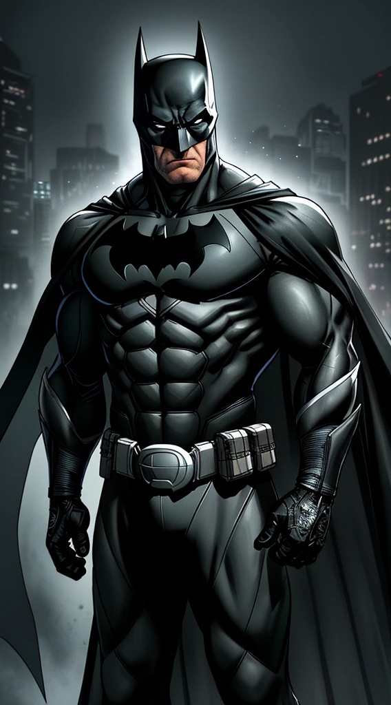 Batman,macho, tall, hunk, muscular, black and grey neon suit, best quality, masterpiece, long black cape, short ears on the helmet, white eyes, no pupils, serious face, ultra detailed suit, detailed face, badass pose, high resolution, dark grey ultility belt, super realistic, night, dark atmosphere, flowing cape, award winning