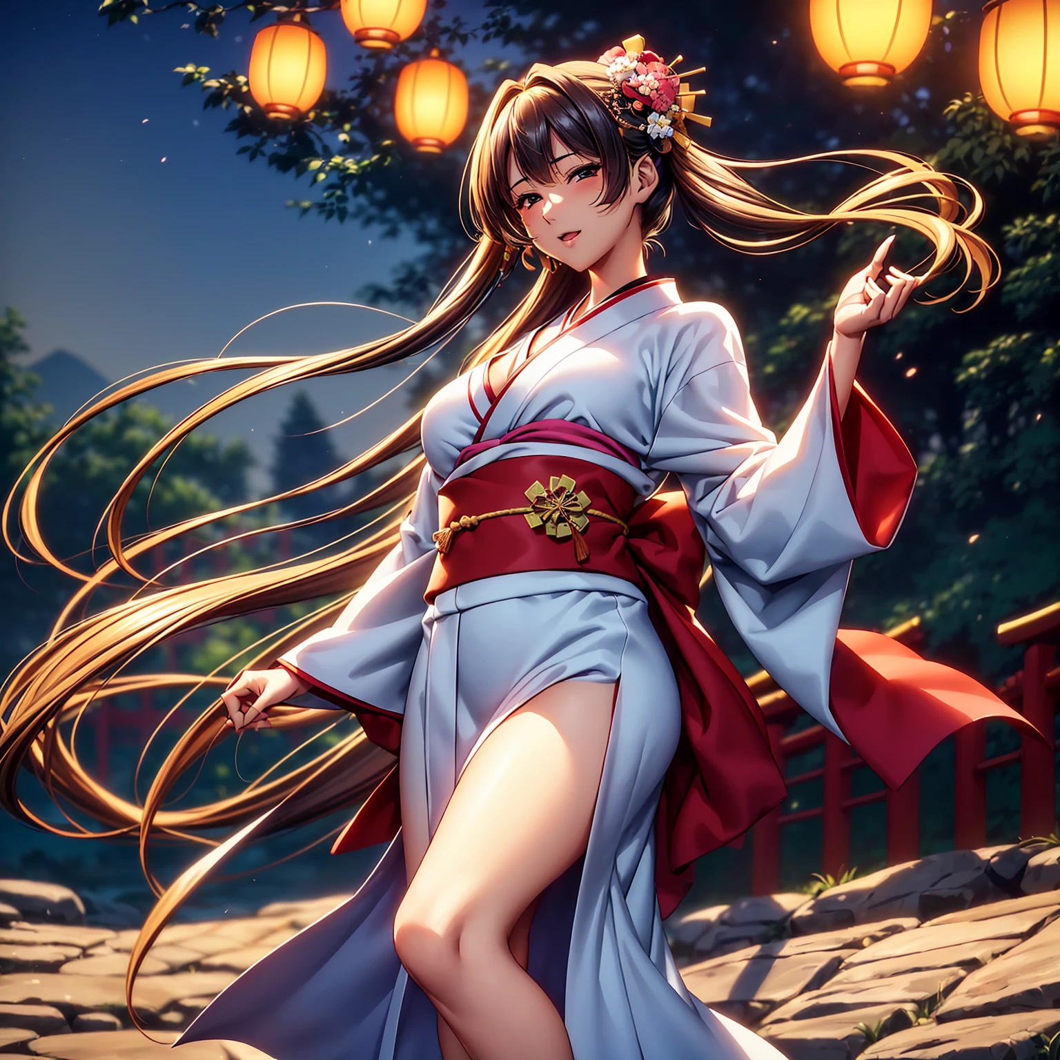 (top quality picture、masterpiece level、very high res、超A high resolution,High quality detailing)、(A 24-year-old beautiful girl with perfect and ultimate beauty..,beautiful breasts and figure,Beautiful body,美丽的面容,Strong-willed eyes:1.5)、(There are many variations of hairstyles,Bangs are neatly arranged,long straight hair on the side,Beautiful hair:1.2),lifelike textures,Beautiful colors,(Wear a colored Japanese kimono,Wear a colorful Japanese kimono,Japanese decoration,Japanese hair,shoulders are exposed,I can see the cleavage, I can see the thighs.:1.2),Have a bright smile,line of sight,Mouth opens,The wind is blowing(The wind blows and the sleeves and obi of the kimono flap.,Hair flutters under the influence of the wind:1.2),Beautiful Japan garden,fantastic night sky and moon,Lanterns are lit,nighttime scene,Beautiful Landscapes,(The whole body,accurate anatomy、extremely detailed picture、Accurate images、Perfect Image 1.5)、beautiful anime woman, Beautiful Art Style, an animated character、(The whole picture、Detailed picture、Defect-free images、natural soft light、beautiful image),(Best Shot 1.2)