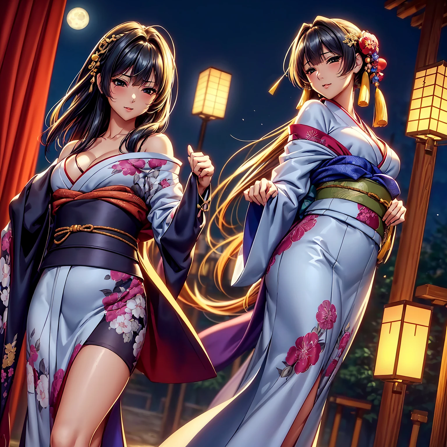 (top quality picture、masterpiece level、very high res、超A high resolution,High quality detailing)、(A 24-year-old beautiful girl with perfect and ultimate beauty..,beautiful breasts and figure,Beautiful body,美丽的面容,Strong-willed eyes:1.5)、(There are many variations of hairstyles,Bangs are neatly arranged,long straight hair on the side,Beautiful hair:1.2),lifelike textures,Beautiful colors,(Wear a colored Japanese kimono,Wear a colorful Japanese kimono,Japanese decoration,Japanese hair,shoulders are exposed,I can see the cleavage, I can see the thighs.:1.2),Have a bright smile,line of sight,Mouth opens,The wind is blowing(The wind blows and the sleeves and obi of the kimono flap.,Hair flutters under the influence of the wind:1.2),Beautiful Japan garden,fantastic night sky and moon,Lanterns are lit,nighttime scene,Beautiful Landscapes,(The whole body,accurate anatomy、extremely detailed picture、Accurate images、Perfect Image 1.5)、beautiful anime woman, Beautiful Art Style, an animated character、(The whole picture、Detailed picture、Defect-free images、natural soft light、beautiful image),(Best Shot 1.2)