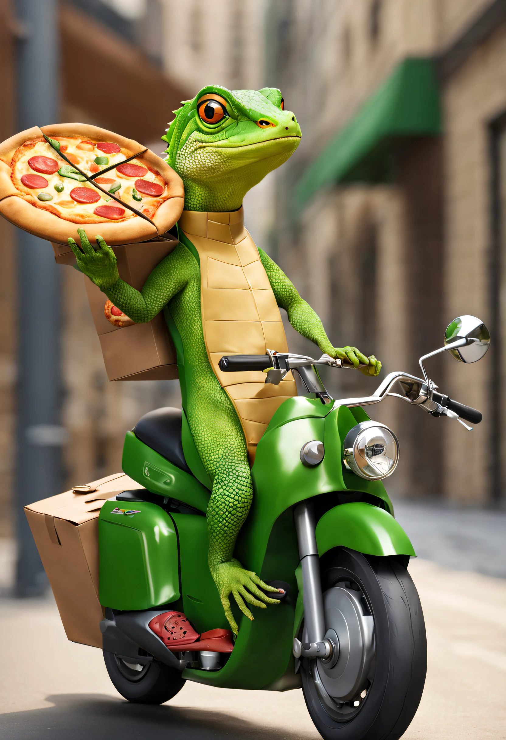 lagarto verde vestido de entregador, carregando um saco de pizza em uma motocicleta