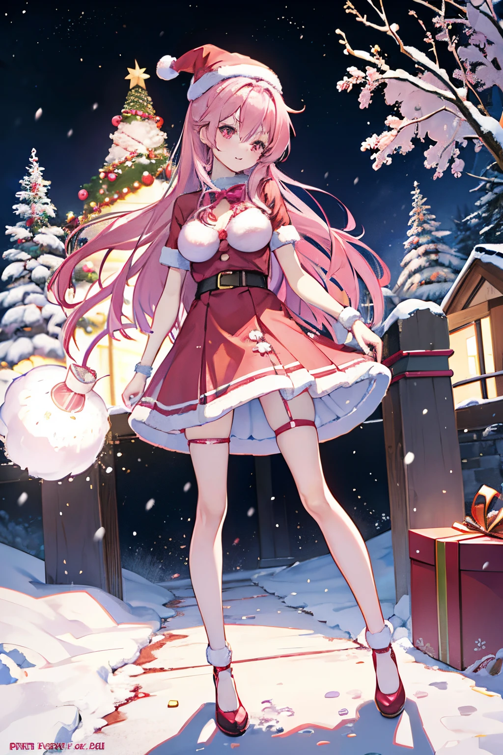 "anime girl, 1 person, pink hair, pink cat ears, pink eyes, santa hat, santa shirt, red dress, stockings, big breasts, solo, standing cross-legged, falling snow, Christmas gift box, (full HD 4K+ image)" front view