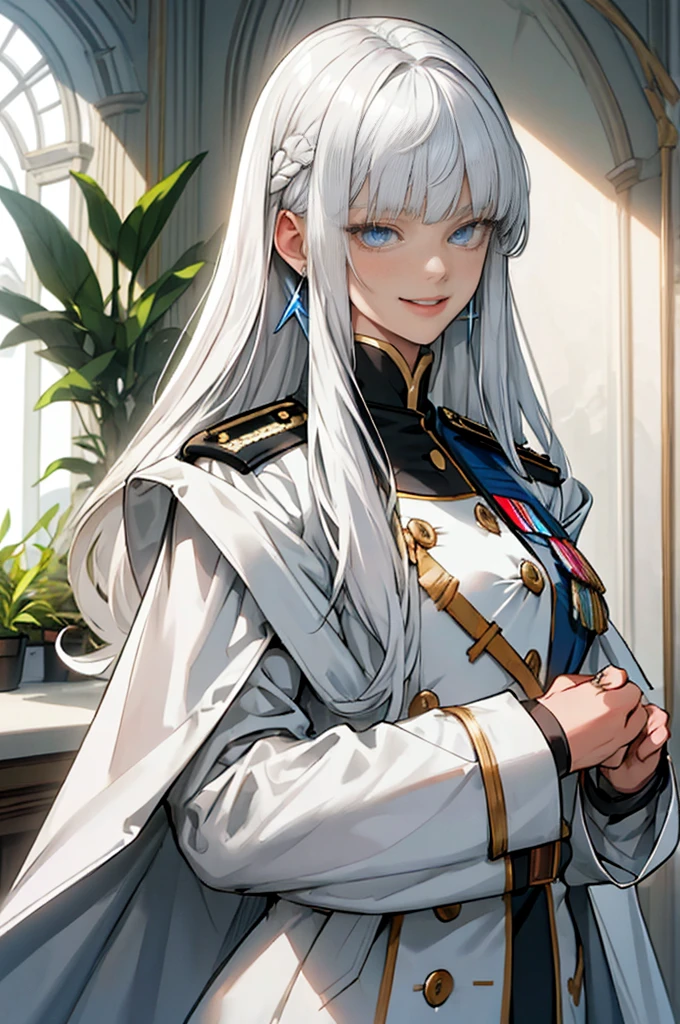 (masterpiece, best quality), white hair, long hair, plant, looking at viewer, blue eyes, White military uniform, long sleeves, indoors, holding, bangs, coat, solo focus, standing, 1woman, 20 years old, smile, jewelry, earrings,