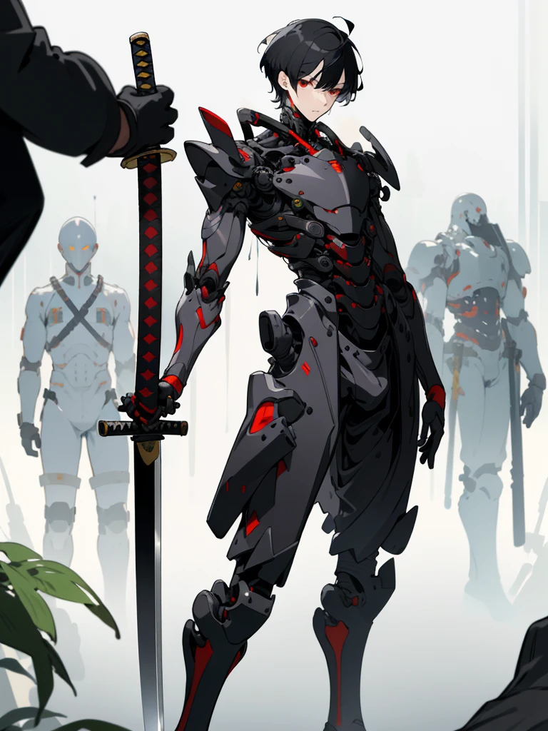 (masterpiece, best quality), black hair, short hair, plant, looking at viewer, red eyes, katana, High-tech armor, reinforced exoskeleton, solo focus, standing, (1man:1.4),