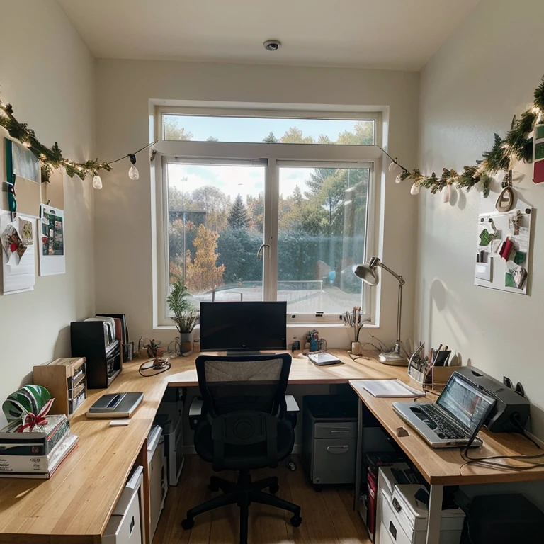 Create a home office work environment, well equipped and full of Christmas decorations. Great quality, panoramic photo style.