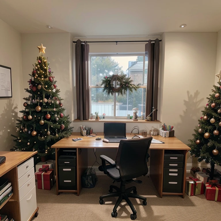 Create a home office work environment, well equipped and full of Christmas decorations. Great quality, panoramic photo style.