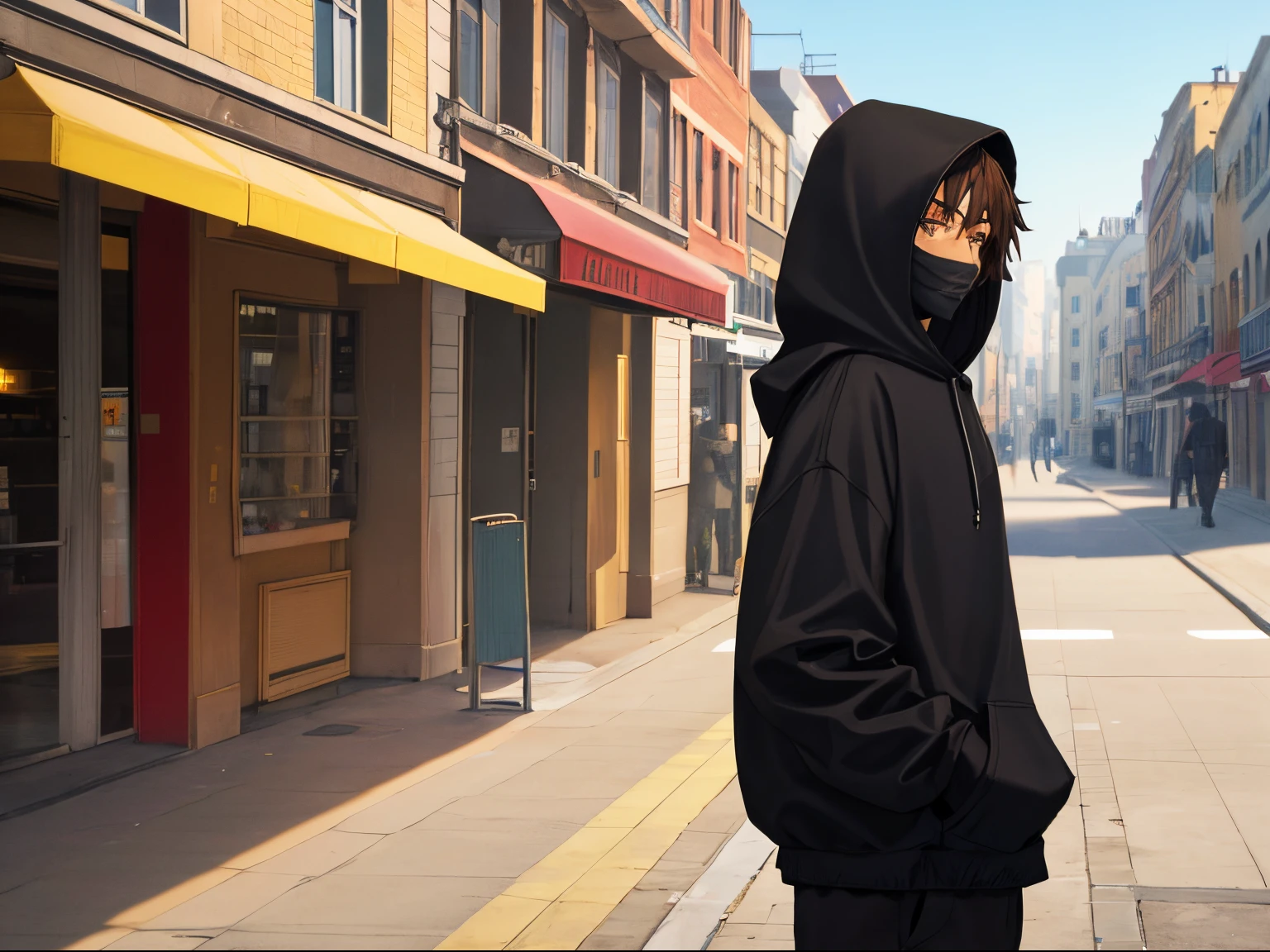 A man wearing a black hoodie and face mask, hands in hoodie's pockets, short brown hair and brown eyes. sinister eyes, walking down the street