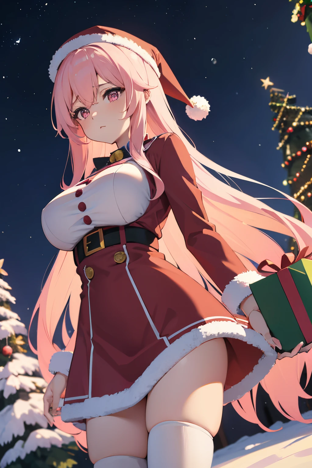 "anime girl, 1 person, pink hair, pink cat ears, pink eyes, santa hat, santa shirt, red dress, stockings, big breasts, solo, standing cross-legged, falling snow, Christmas gift box, (full HD 4K+ image)" front view