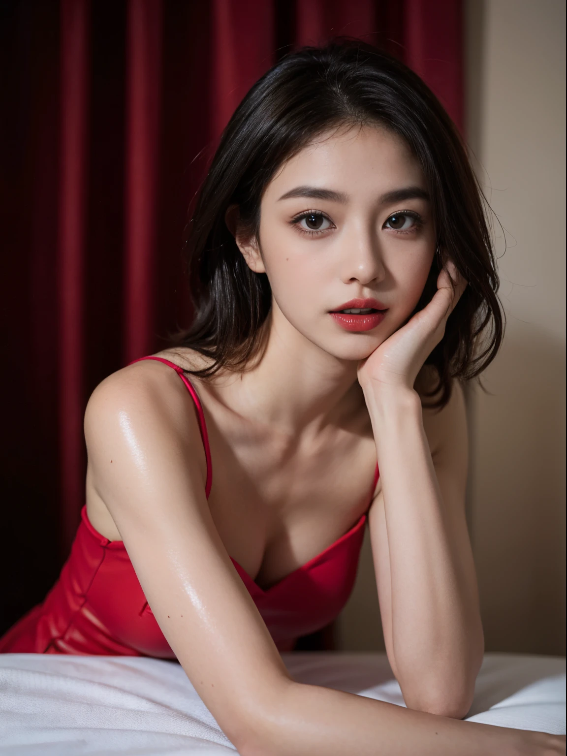 1人の女性、Korea person、Korean Beauty、Rubber Dress Lufira Rubber Dress、Dark mascara、big eye、Dark eyeliner、Dark red rouge、red-lips、chic body、thin-waist、skeletalstraight、Split abs、6 Pack Abs Great Style、Nipples of Hearts、I have one mole under my armpit、8 Head Body、Thin leg、Beautiful fingertips、large natural hanging breasts、 Taut chest、very Bigger breasts、huge-breasted、muscle、erectile nipple、bignipple、Pink 、high-heels、High high heels、Crotch chuck、intricate detailes、hightquality、(High class:1.4)、super realistic 8K、face perfect、Perfect、clean、masterpiece、Professional artwork、famousartwork、face perfect、Beautiful expression、beautidful eyes、short dark hair、wetting hair、very Bigger breasts、clothes shiny、model pose old pose、Ultra-realistic 4K、Top image quality、tome'Background