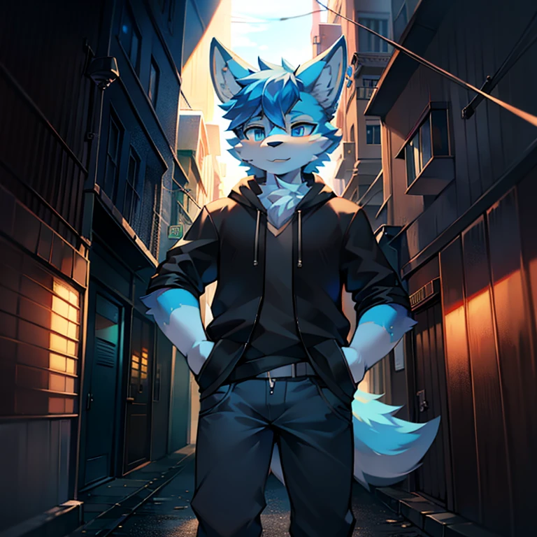 Blue-eyed wolf with half hand in pocket and sunshine street on winter street，Blue fur，angle of view，8K