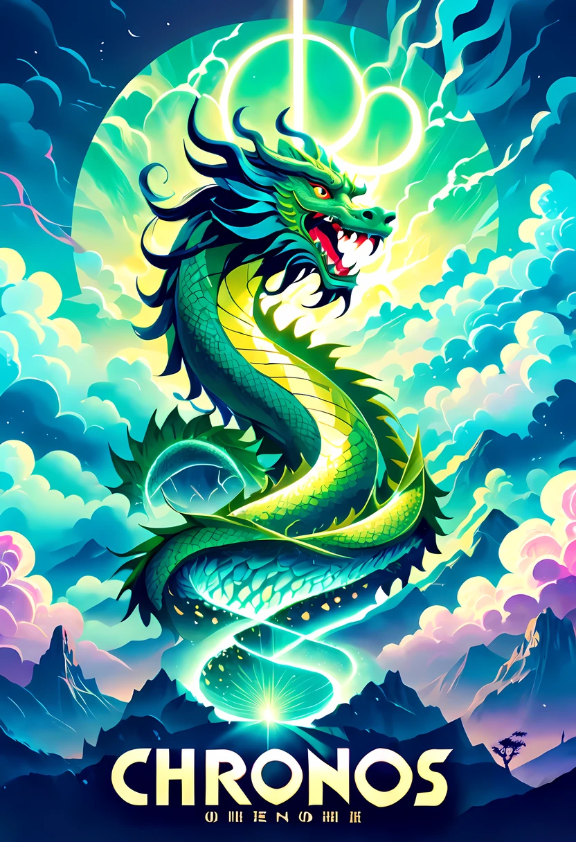 (symmetrical:1.5), Movie Poster - poster of a movie with the big ((title "Chronos")), featuring a mesmerizing scene where green (Chinese Dragon) dominates the foreground, its majestic scales shimmering in the moonlight, a vast landscape unfolds, ((depicting various historical eras and mystical settings)), the sky is filled with (swirling clouds), hinting at the (time-traveling) nature of the story, "Chronos," is displayed in bold elegant typography, a touch of mystique and authenticity, More Detail