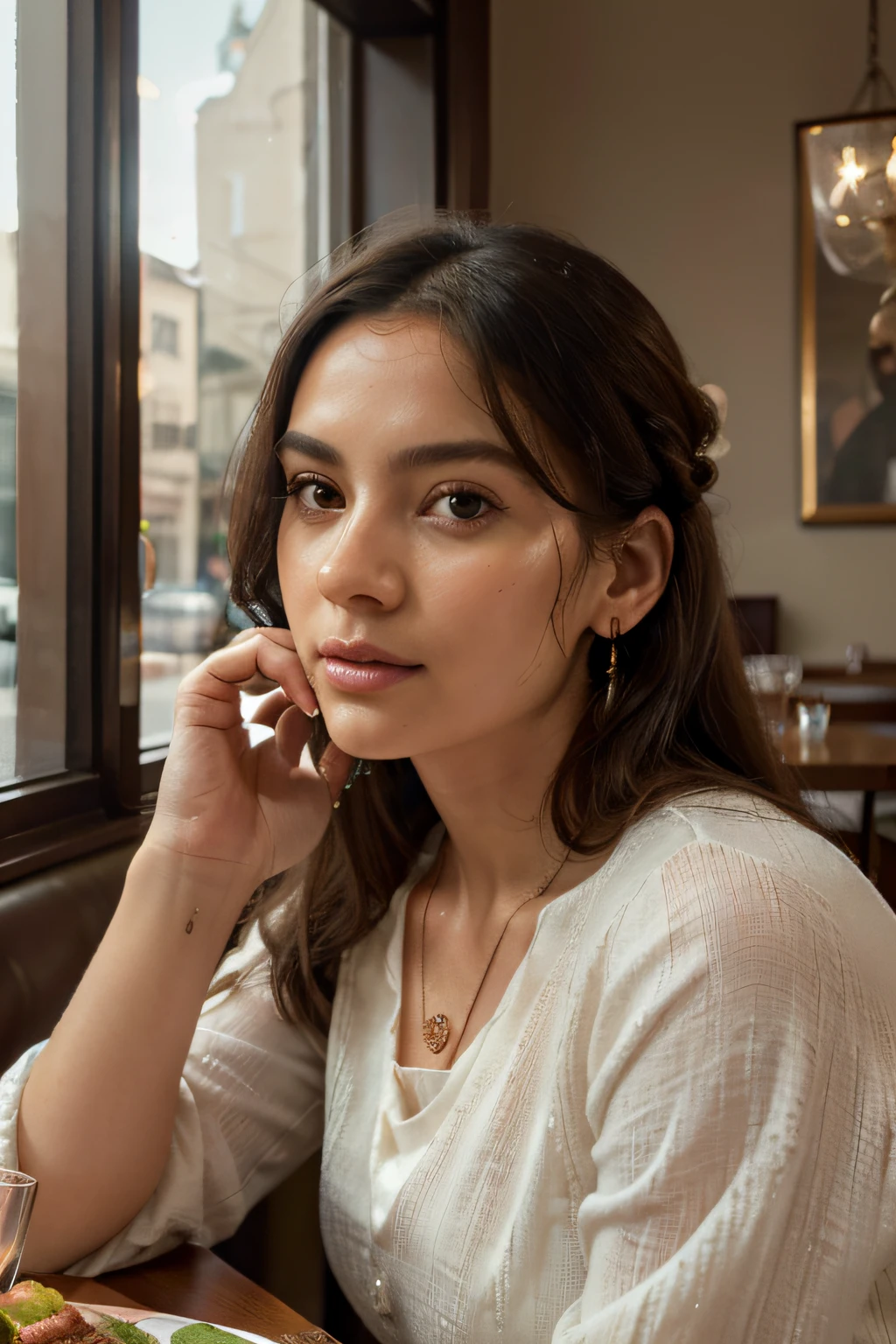 (best quality,4k,8k,highres,masterpiece:1.2),ultra-detailed,(realistic,photorealistic,photo-realistic:1.37),a woman with a long black hair, eating in a restaurant, necklace,portrait,soft lighting,delicate features,vivid colors,reflection of light on the necklace,subtle facial expression,restaurant ambiance,stylish outfit,updo hairstyle,beautifully decorated plate,well-lit environment,detailed foreground objects,fine texture on hair and clothing,accurate depiction of jewelry,attention to depth,sharp focus,realistic skin tones,highly detailed facial features,warm color palette,natural sunlight,impressive attention to detail,pleasant dining atmosphere,lively background setting,subtle shadows and highlights,wisps of hair,sparkling necklace pendant,dainty earrings,beautifully painted background,inviting restaurant scene