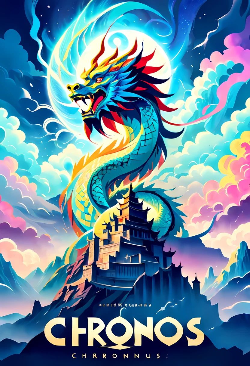 (symmetrical:1.5), Movie Poster - poster of a movie with the big ((title "Chronos")), featuring a mesmerizing scene where Chinese Dragon dominates the foreground, its majestic scales shimmering in the moonlight. Behind the dragon, a vast landscape unfolds, depicting various historical eras and mystical settings. The sky is filled with swirling clouds, hinting at the time-traveling nature of the story. The movie title, "Chronos," is displayed in bold, elegant typography, infused with elements of Chinese calligraphy, adding a touch of mystique and authenticity. More Detail