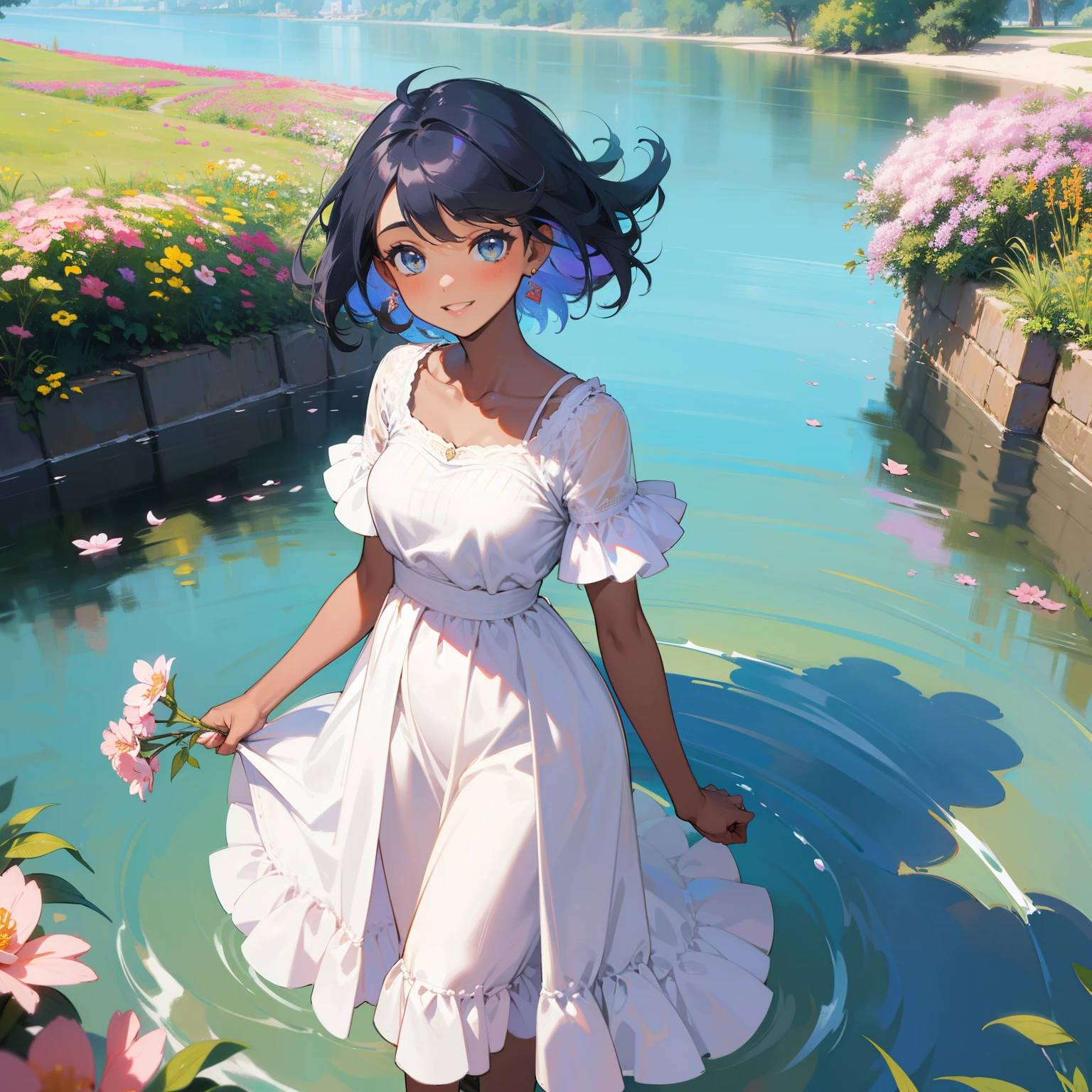 portrait the most beautiful african girl in the world, very happy, standing by a river, holding flowers while dreaming of love, sketch, colorful, dynamic, painting, artgerm