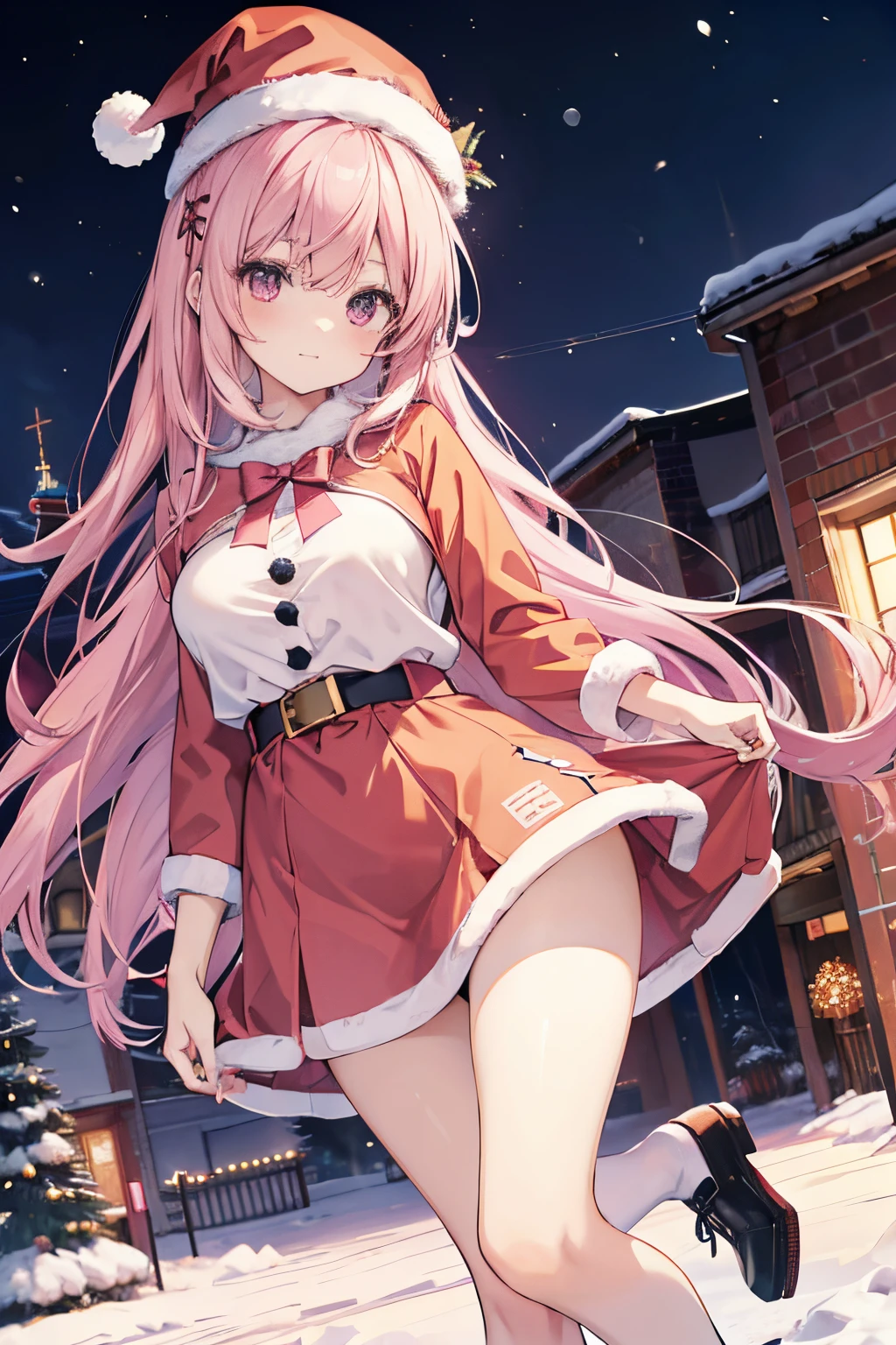 "anime girl, 1 person, pink hair, pink cat ears, pink eyes, santa hat, santa shirt, red dress, stockings, big breasts, solo, standing cross-legged, falling snow, Christmas gift box, (full HD 4K+ image)" front view