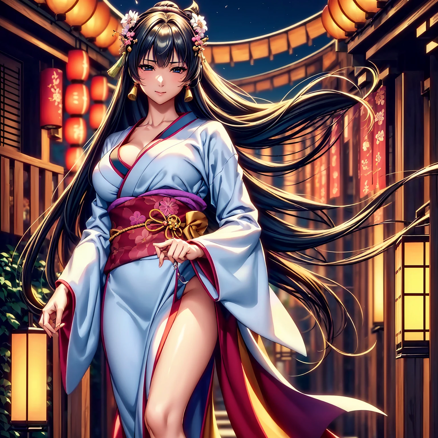 (top-quality、​masterpiece、very high res、超A high resolution,High resolution details 1.5)、A woman of perfect and ultimate beauty(24 years old 1.5)、(Beautiful breasts and body shape 1.5)、Beautiful body、美丽的面容、large pink,Long hair,colorful and beautiful hair、Japan hair ornament,realistic textured skin,Wearing a beautiful Japanese long kimono,Kimono has colors and patterns.,Kimono sleeves and obi are long,Arms outstretched,Exposed shoulders from kimono,I can see the cleavage,Bright smile,Mouth opens,Hair flutters under the influence of the wind,The sleeves and obi of a kimono flap due to the wind.,that is a mysterious place,Fantastic night sky and beautiful full moon,Lantern light,Beautiful Landscapes、(The whole body,thigh visible,accurate anatomy、extremely detailed picture、Accurate images、Perfect Image 1.5)、、beautiful anime woman, Beautiful Art Style, an animated character、The whole picture、Detailed picture、Defect-free images、natural soft light、beautiful image、、(Best Shot 1.2)