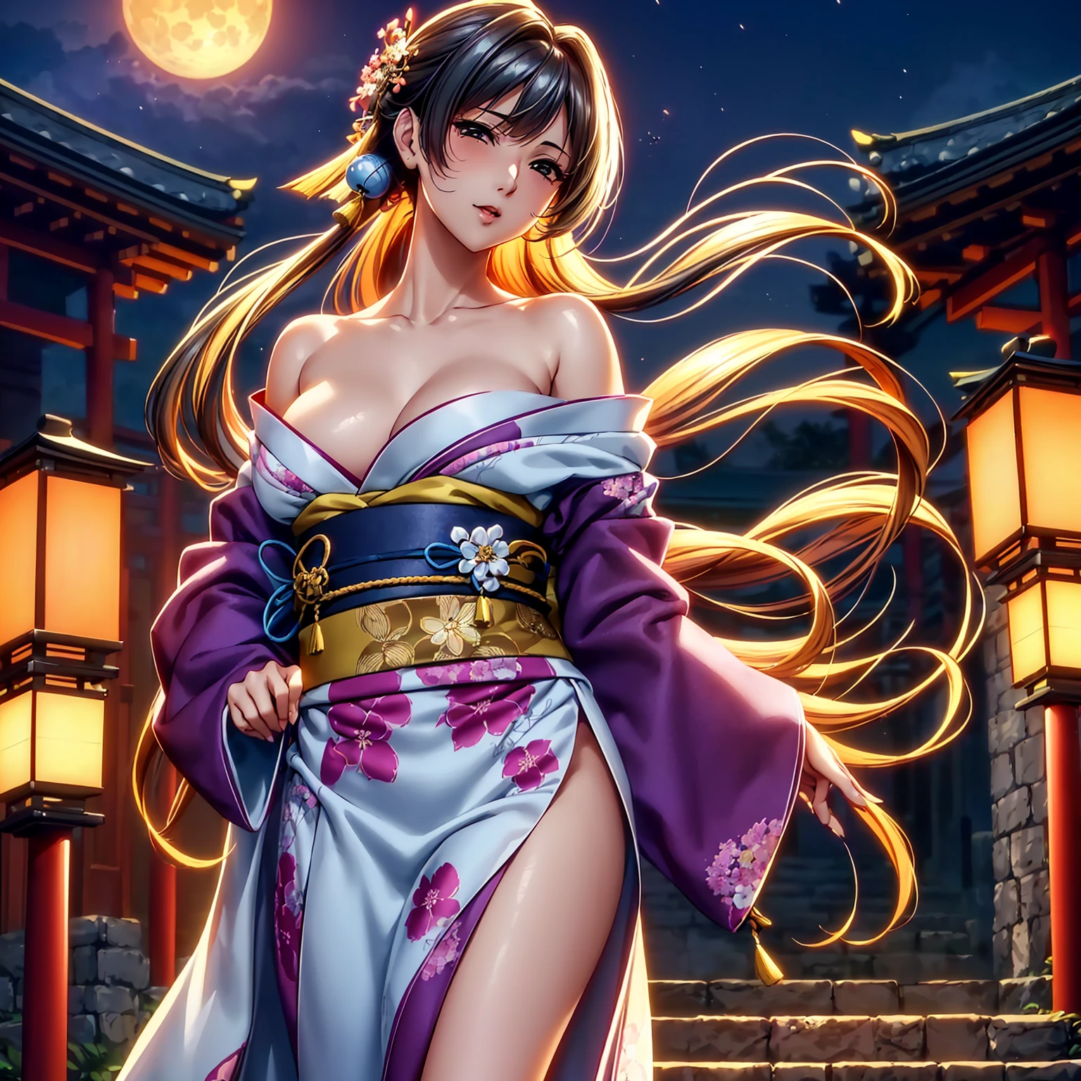 (top quality picture、masterpiece level、very high res、超A high resolution,High quality detailing)、(A 24-year-old beautiful girl with perfect and ultimate beauty..,beautiful breasts and figure,Beautiful body,美丽的面容,Strong-willed eyes:1.5)、(There are many variations of hairstyles,Bangs are neatly arranged,long straight hair on the side,Beautiful hair:1.2),lifelike textures,Beautiful colors,(Wear a Japanese kimono with beautiful colors and patterns,Wear a Japanese kimono with beautiful colors and patterns,Japanese decoration,Japanese hair,shoulders are exposed,I can see the cleavage, I can see the thighs.:1.2),Have a bright smile,line of sight,Mouth opens,The wind is blowing(The wind blows and the sleeves and obi of the kimono flap.,Hair flutters under the influence of the wind:1.2),Beautiful Japan garden,fantastic night sky and moon,Lanterns are lit,nighttime scene,Beautiful Landscapes,(The whole body,accurate anatomy、extremely detailed picture、Accurate images、Perfect Image 1.5)、beautiful anime woman, Beautiful Art Style, an animated character、(The whole picture、Detailed picture、Defect-free images、natural soft light、beautiful image),(Best Shot 1.2)