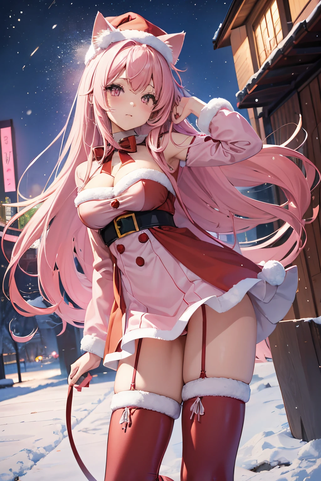 "anime girl, 1 person, pink hair, pink cat ears, pink eyes, santa hat, santa shirt, red dress, stockings, big breasts, solo, standing cross-legged, falling snow, Christmas gift box, (full HD 4K+ image)" front view