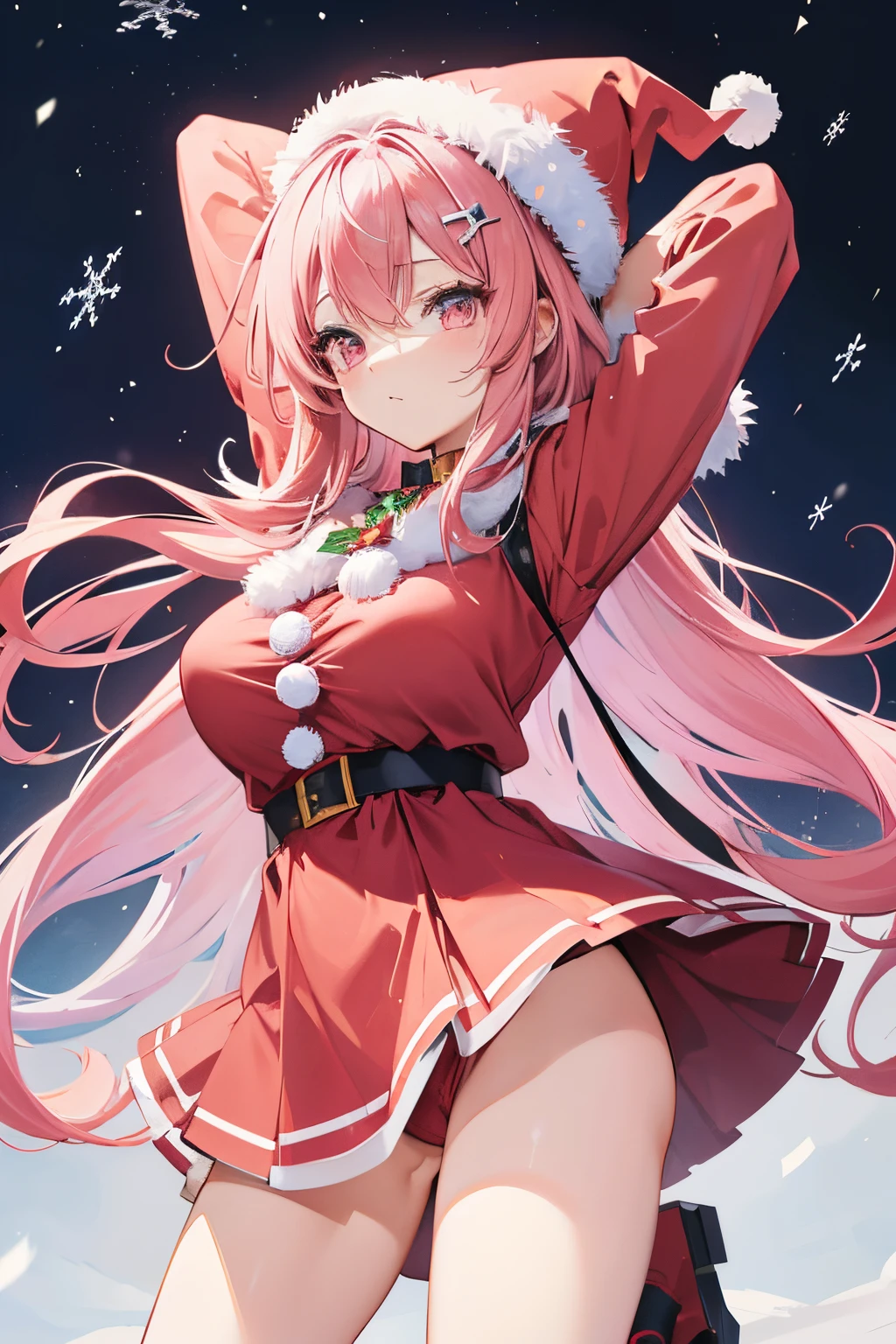 "anime girl, 1 person, pink hair, pink cat ears, pink eyes, santa hat, santa shirt, red dress, stockings, big breasts, solo, standing cross-legged, falling snow, Christmas gift box, (full HD 4K+ image)" front view