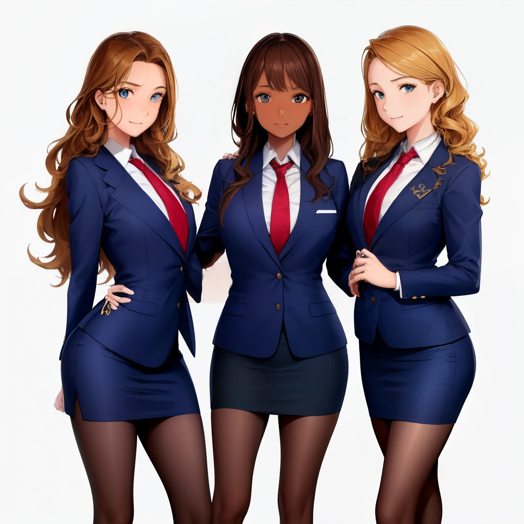 2girls, duo, twins, standing shoulder-to-shoulder, age woman, happy, brown hair, blonde hair, long curly hair, matching hairstyles, different hair colors, hair down, hazel eyes, blue blazer, red necktie, blue pencil skirt, black high heels, white background, best quality, highly detailed