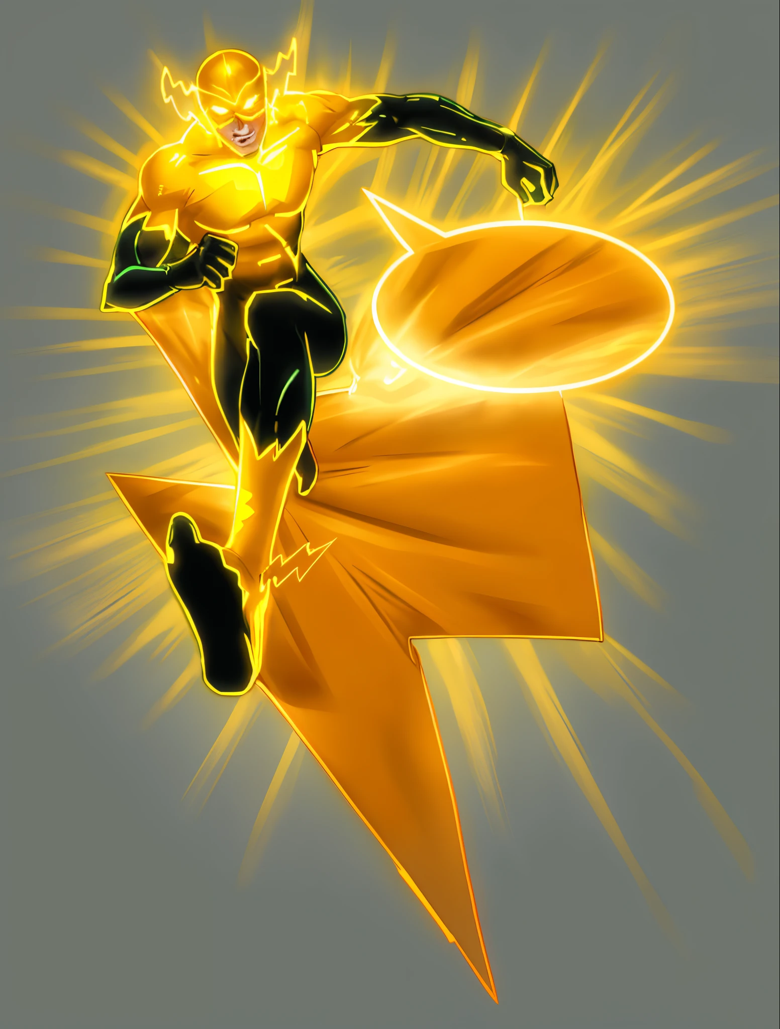 cartoon running man, Bright costume, superpowers of electricity, comic book character, With zipper closure, Comic character, super super dynamic dynamic pose, thunderbolt, yellow lightning, middle aged superhero., Superhero pose, Heroic action pose, Heroic male pose, Heroic kick pose