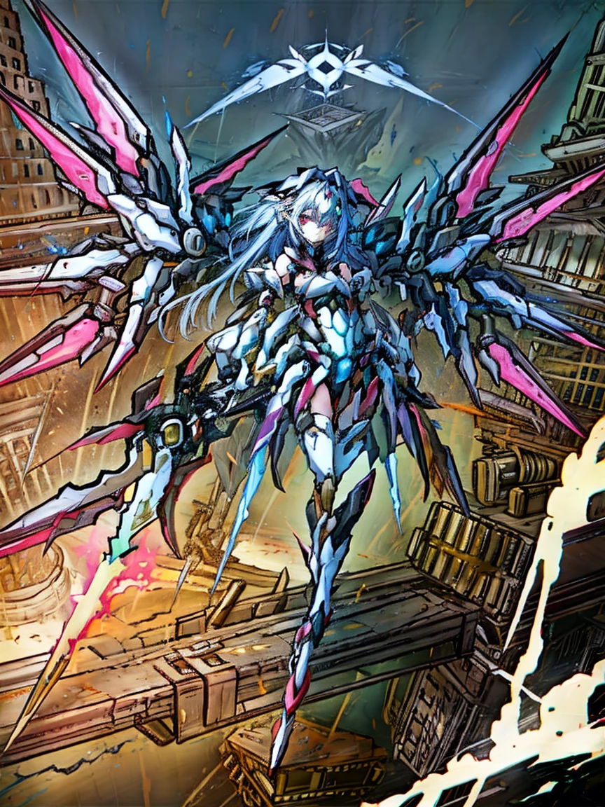 top-quality、ighly detailed、​masterpiece、ultra-detailliert、illustratio、((1girl in))、silber hair、length hair、Floating hair、、Cyber City、Neon building、(The upper part of the body:1.05)、extremely_Detailed_Eyes_And_Face,cybernetic wings mechanical wings、Random posture、Skyscraper、、Mechumusume、shrine maiden clothe,maid clothes、Random angles、anime styled,cowboy  shot