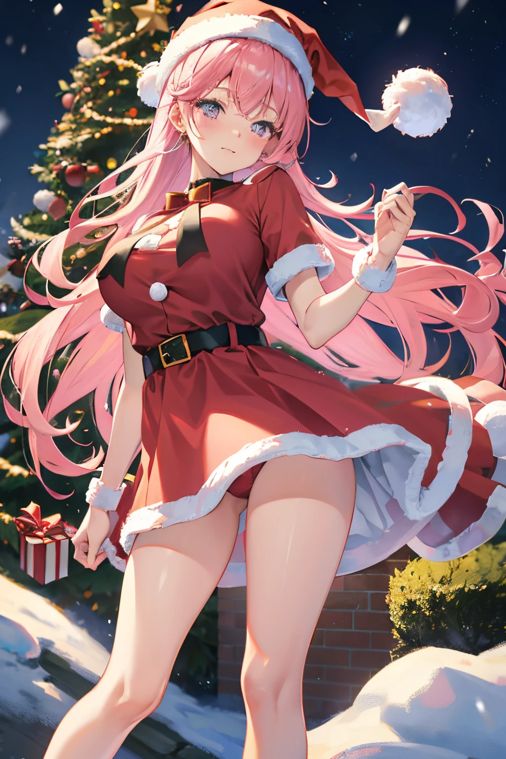 "anime girl, 1 person, pink hair, pink cat ears, pink eyes, santa hat, santa shirt, red dress, stockings, big breasts, solo, standing cross-legged, falling snow, Christmas gift box, (full HD 4K+ image)" front view