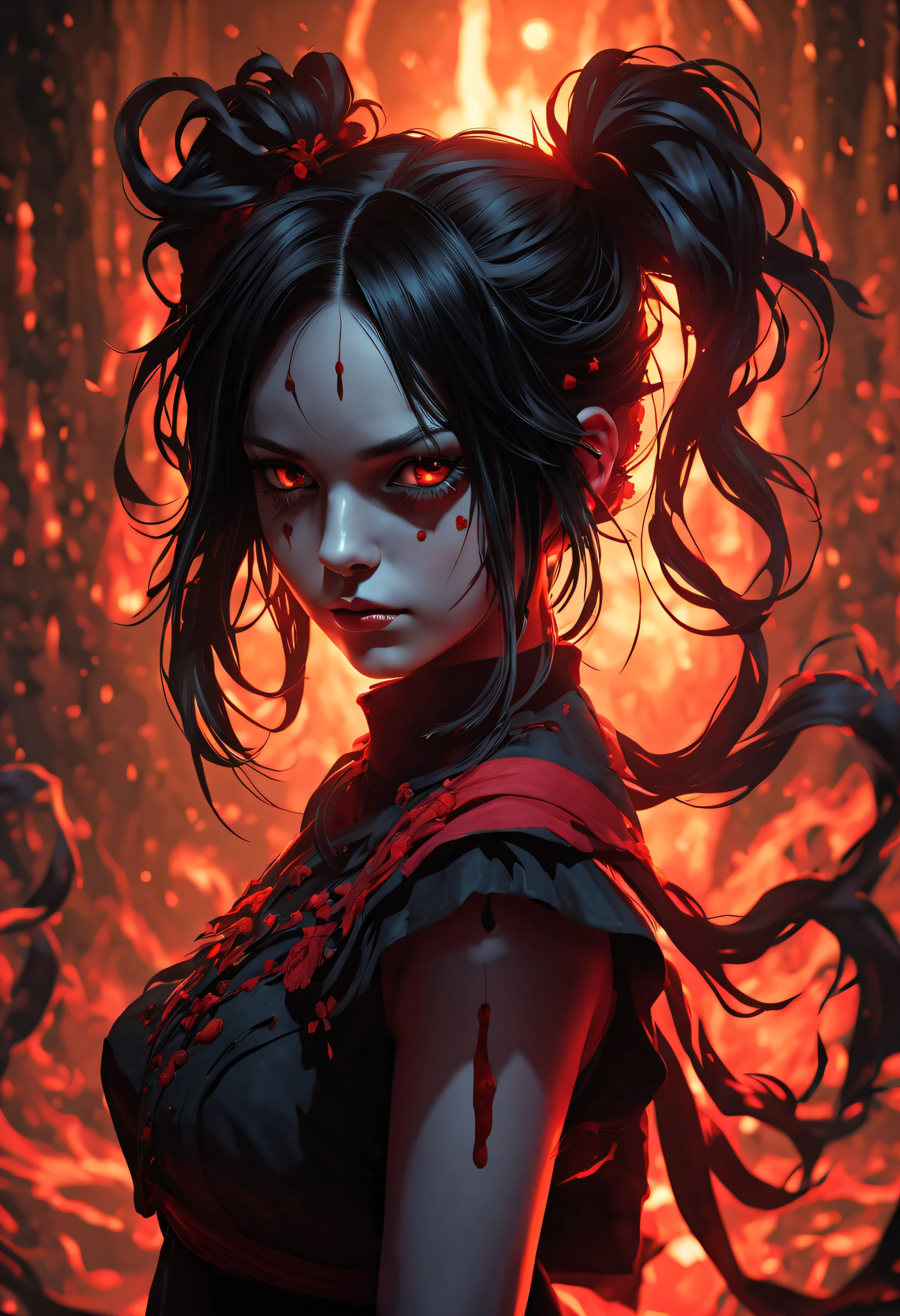 (masterpiece, best quality, ultra-detailed, best shadow), (detailed background,dark fantasy), (beautiful detailed face), high contrast, (best illumination, an extremely delicate and beautiful), ((cinematic light)), colorful, hyper detail, dramatic light, intricate details, (1 girl, solo,black hair, sharp face,low twintails,red eyes, hair between eyes,dynamic angle), blood splatter, swirling black light around the character, depth of field,black light particleroken ggic circle,