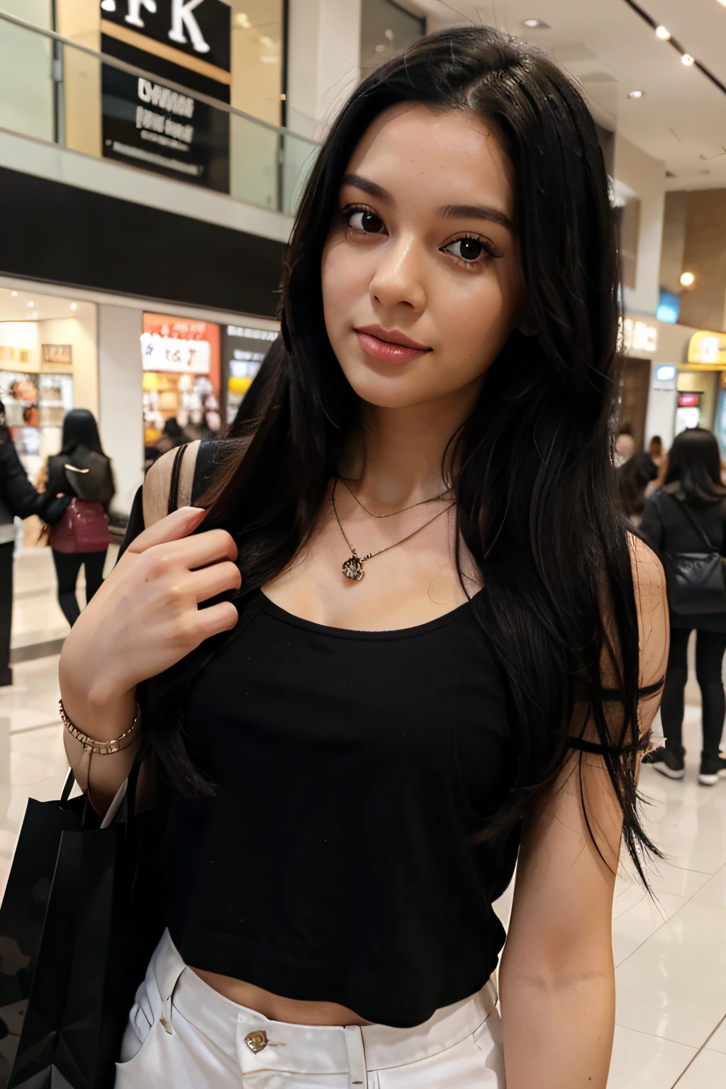 a woman with a long black hair, shopping in a mall, necklace