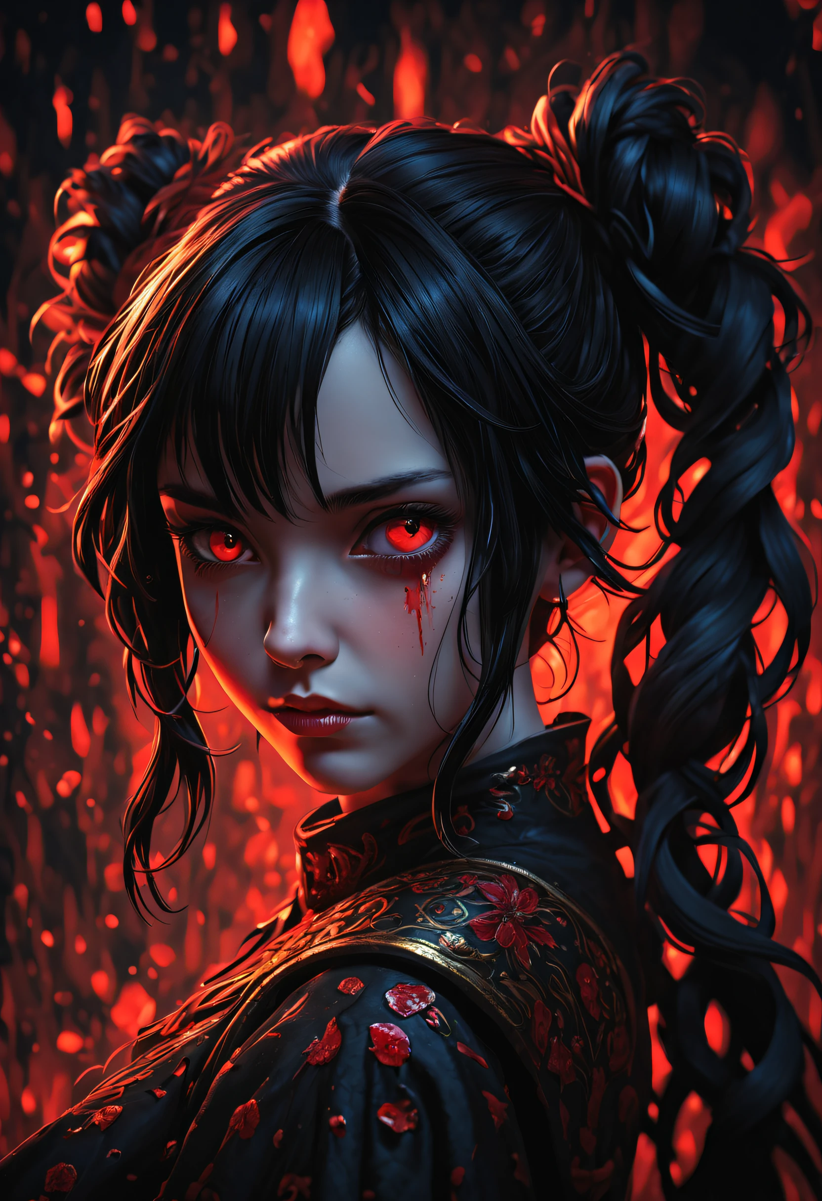 (masterpiece, best quality, ultra-detailed, best shadow), (detailed background,dark fantasy), (beautiful detailed face), high contrast, (best illumination, an extremely delicate and beautiful), ((cinematic light)), colorful, hyper detail, dramatic light, intricate details, (1 girl, solo,black hair, sharp face,low twintails,red eyes, hair between eyes,dynamic angle), blood splatter, swirling black light around the character, depth of field,black light particleroken ggic circle,