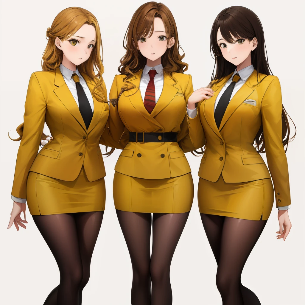 2girls, duo, twins, standing shoulder-to-shoulder, age woman, happy, brown hair, blonde hair, long curly hair, matching hairstyles, different hair colors, hair down, hazel eyes, yellow blazer, red necktie, yellow pencil skirt, white thighhigh socks, black high heels, white background, best quality, highly detailed