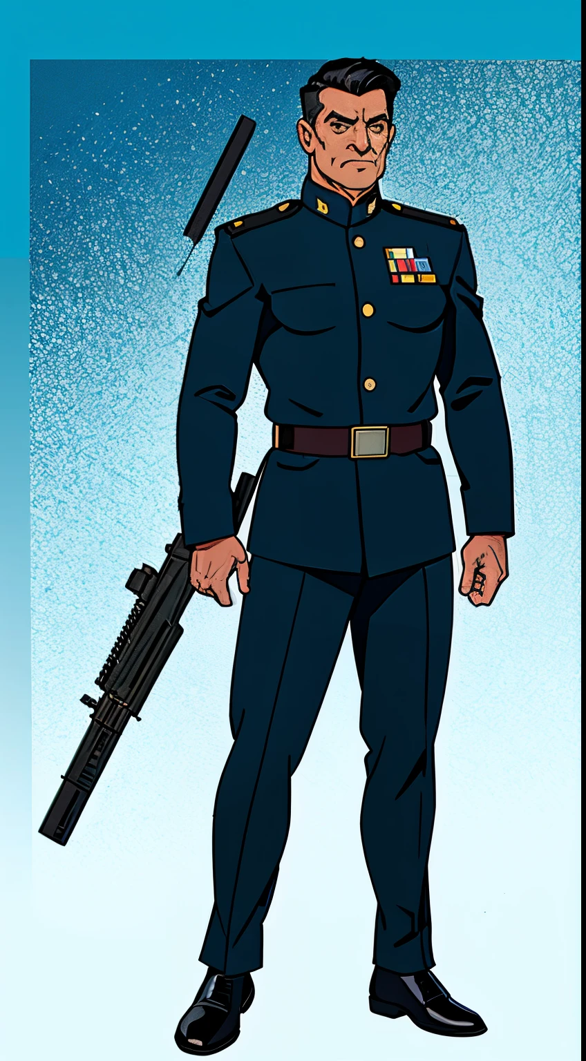 A full body image of a military man, 60-years-old, front view, authority, four star general, muscles, black hair, blue military suit.