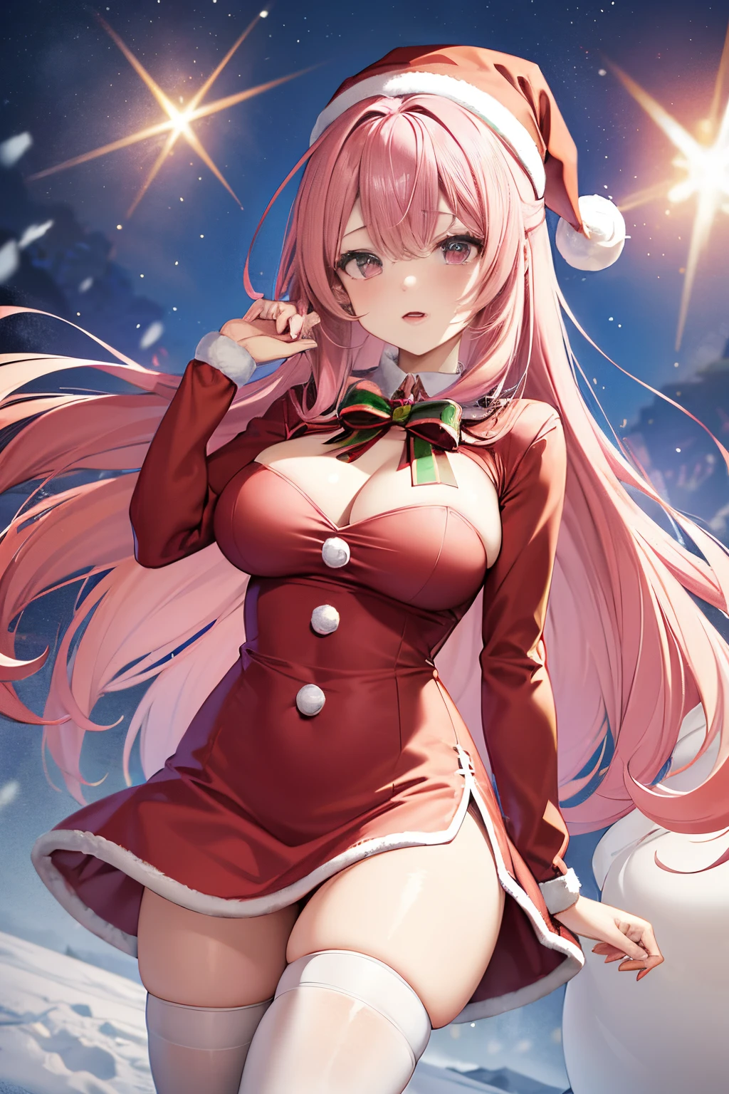 "anime girl, 1 person, pink hair, pink cat ears, pink eyes, santa hat, santa shirt, red dress, stockings, big breasts, solo, standing cross-legged, falling snow, Christmas gift box, (full HD 4K+ image)" front view