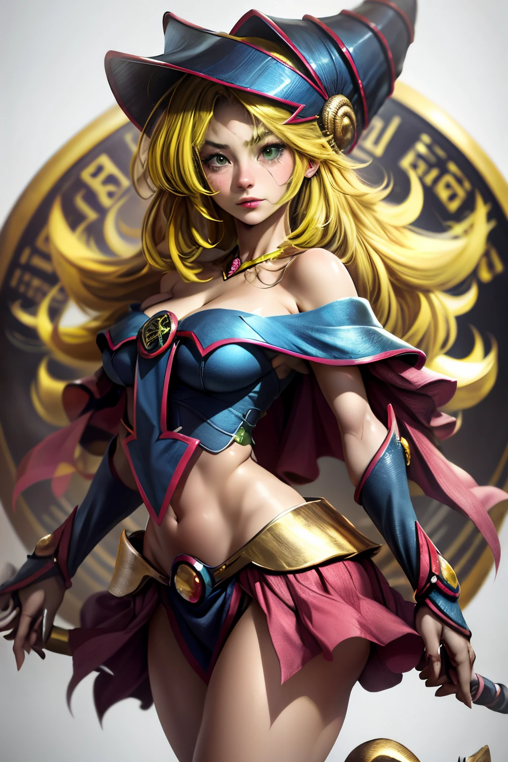 (8K,fotorrealista raw photography the highest quality;1.4) (1chica en) Super belleza (cara realista) cuerpo femenino (Rubia de rizos largos) Hold a black and red magic wand Escena de combate Magic hat with black and gold exterior Beautiful expression Deslumbramiento (Piel de aspecto real) (Giles magos oscuros) tentador super high resolution Un hiperrealista Alto detalle foto de cuerpo completo restos