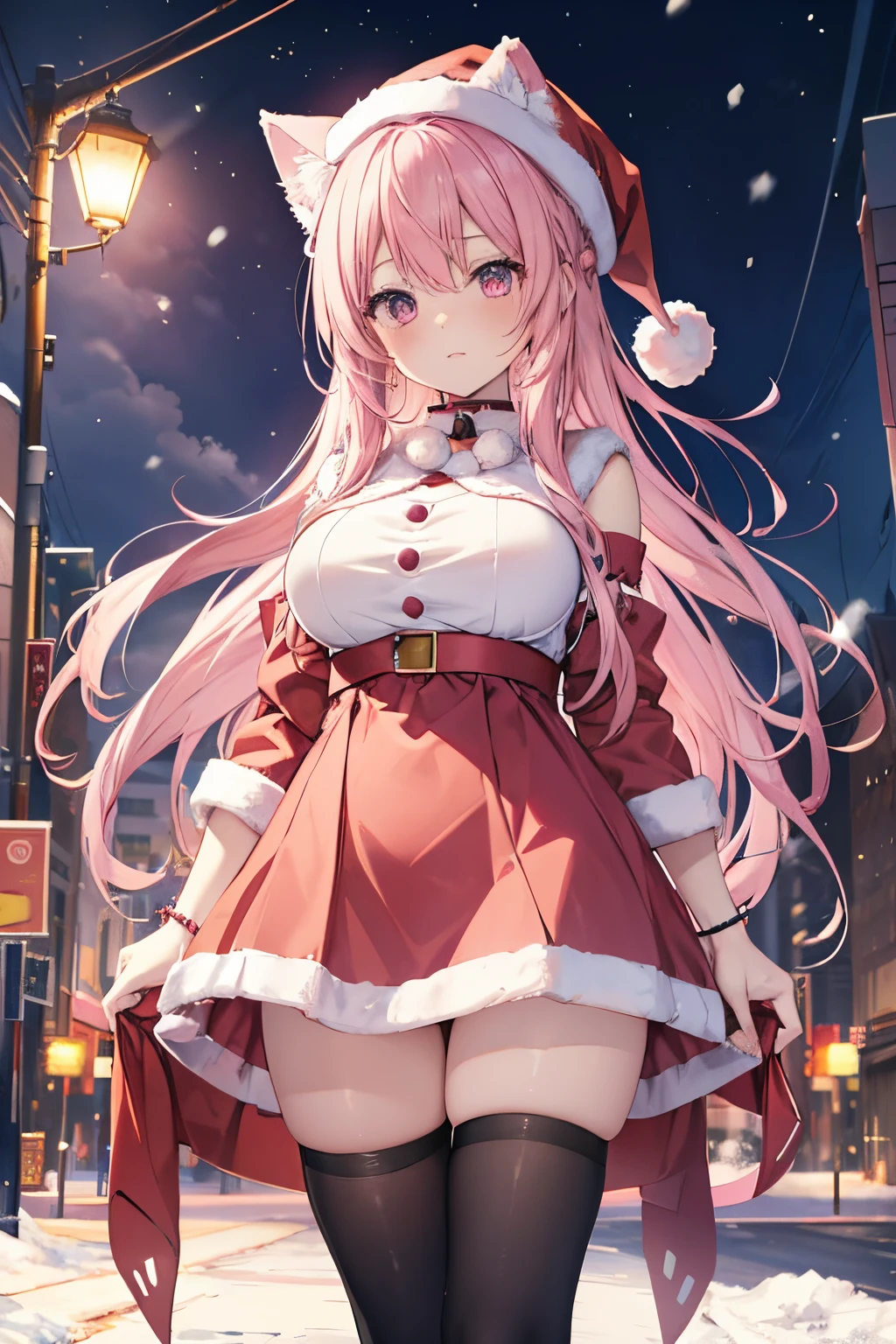 "anime girl, 1 person, pink hair, pink cat ears, pink eyes, santa hat, santa shirt, red dress, stockings, big breasts, solo, standing cross-legged, falling snow, Christmas gift box, (full HD 4K+ image)" front view