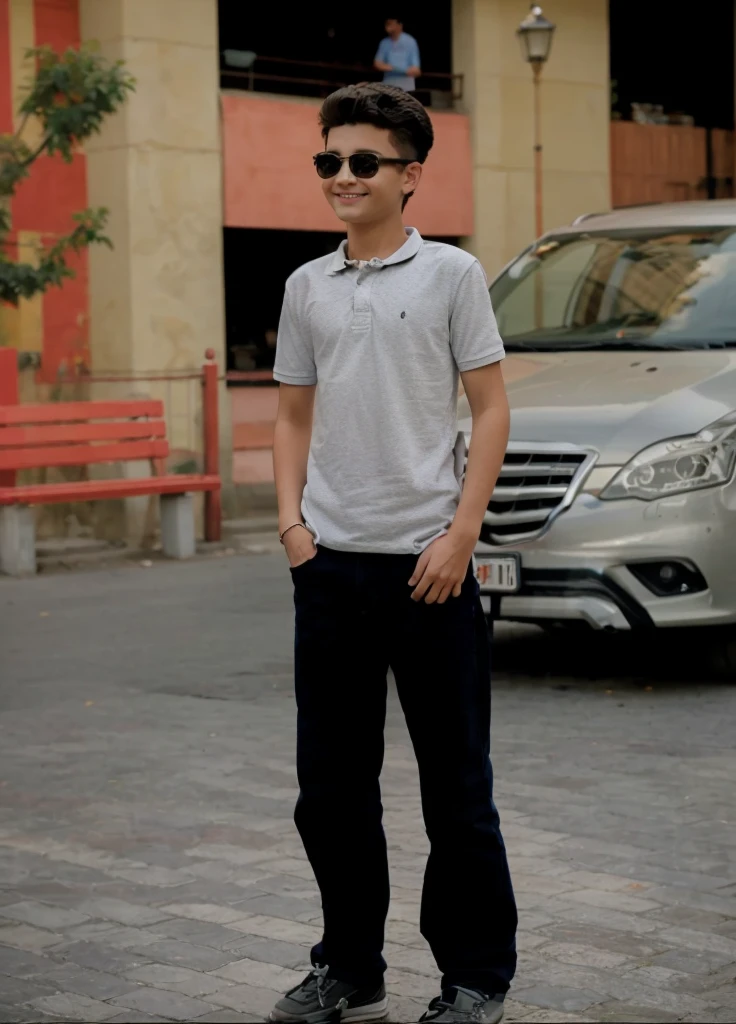 masterpiece, best quality, a (((boy))) smiling stand up, jeans, polo shirt, young, a youthful boy, full body