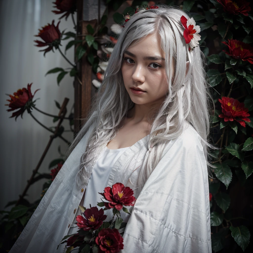 1girl,solo,((with beard)), (detailed light),depth of field,(white hair),silver eyes,asian,master piece, beard,(red flower ), hair flower,long hair,black cloak,wet,emotionless,night,starfall,raining,fog,red flowers falling,sketch,upper body,intense shadows,