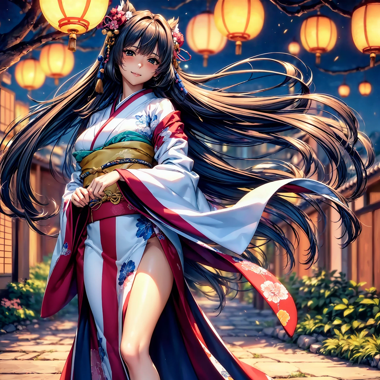 (top quality picture、masterpiece level、very high res、超A high resolution,High quality detailing)、(A 24-year-old beautiful girl with perfect and ultimate beauty..,beautiful breasts and figure,Beautiful body,美丽的面容,Strong-willed eyes:1.5)、(There are many variations of hairstyles,Bangs are neatly arranged,long straight hair on the side,Beautiful hair:1.2),lifelike textures,Beautiful colors,(She is wearing a Japanese kimono with beautiful colors.,Richly colored kimono,Wear a Japanese kimono with beautiful colors and patterns,Wear a Japanese kimono with beautiful colors and patterns,Japanese decoration,Japanese hair,shoulders are exposed,I can see the cleavage, I can see the thighs.:1.2),Have a bright smile,line of sight,Mouth opens,The wind is blowing(The wind blows and the sleeves and obi of the kimono flap.,Hair flutters under the influence of the wind:1.2),Beautiful Japan garden,fantastic night sky and moon,Lanterns are lit,nighttime scene,Beautiful Landscapes,(The whole body,accurate anatomy、extremely detailed picture、Accurate images、Perfect Image 1.5)、beautiful anime woman, Beautiful Art Style, an animated character、(The whole picture、Detailed picture、Defect-free images、natural soft light、beautiful image),(Best Shot 1.2)