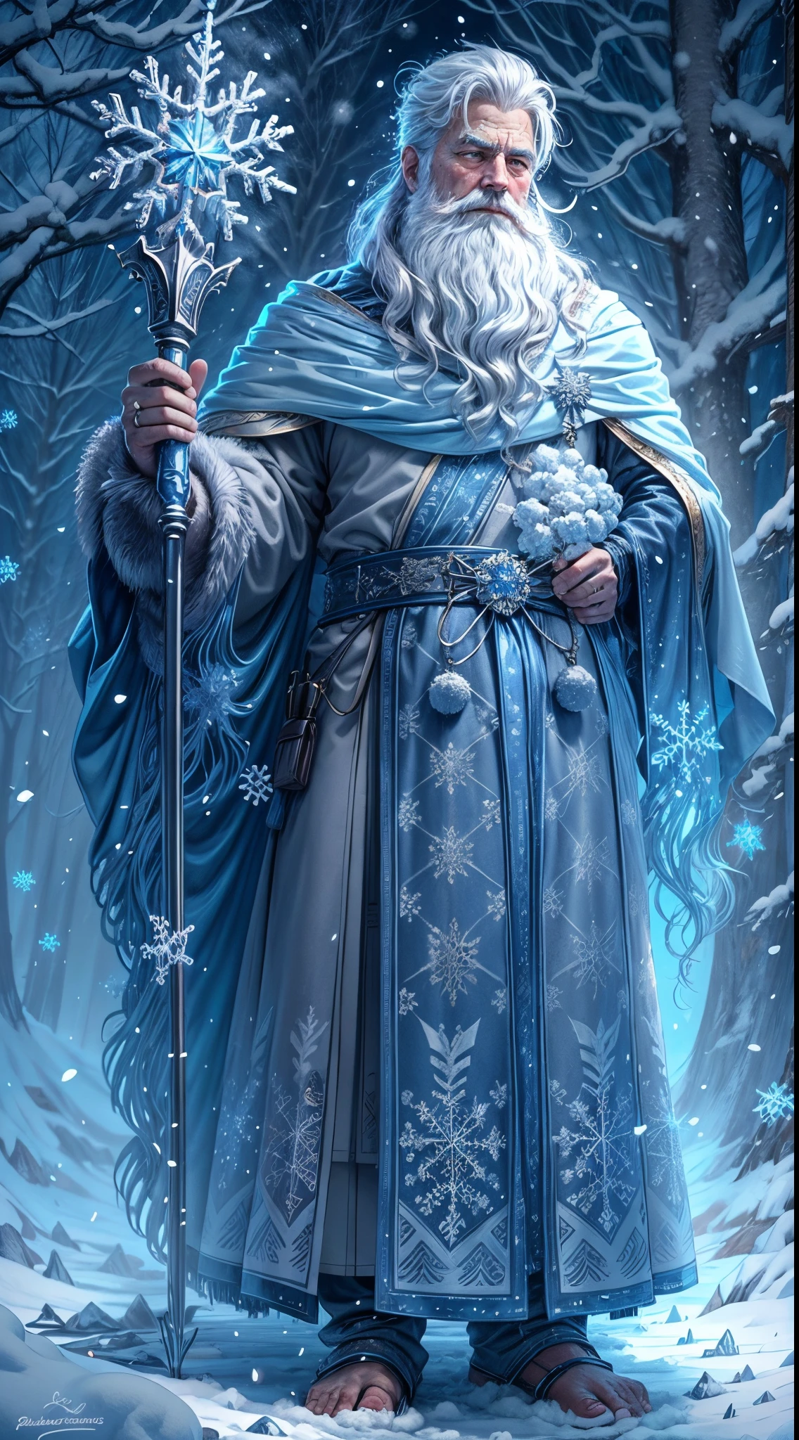 (a detailed, realistic portrait)Santa Claus(,the iconic Christmas figure,)as an wizard,in a snowy winter landscape(dotted with frosted trees and gently falling snowflakes).His(white, flowing)beard(glistens with crystals and)extendelow his waist).He wears(a long, blue robe),(embroidered with delicate snowflake patterns),that billows in the cold wind, and(a silver belt)cinches his waist. His eyes(glitter with a subtle blue hue)and(his nose adorned with a snowflake-shaped)-shaped silver ring. In one hand, he holds(a sparkling icicle staff)that emits a soft, cool glow.(He stands atop a towering) platform,(emitting an ethereal blue light)that emanates from underneath it. The sky(dons a palette of icy blue and lavender hues),while(pale sunlight)peeks through the clouds, casting a(soft, cool glow)over the entire scene.