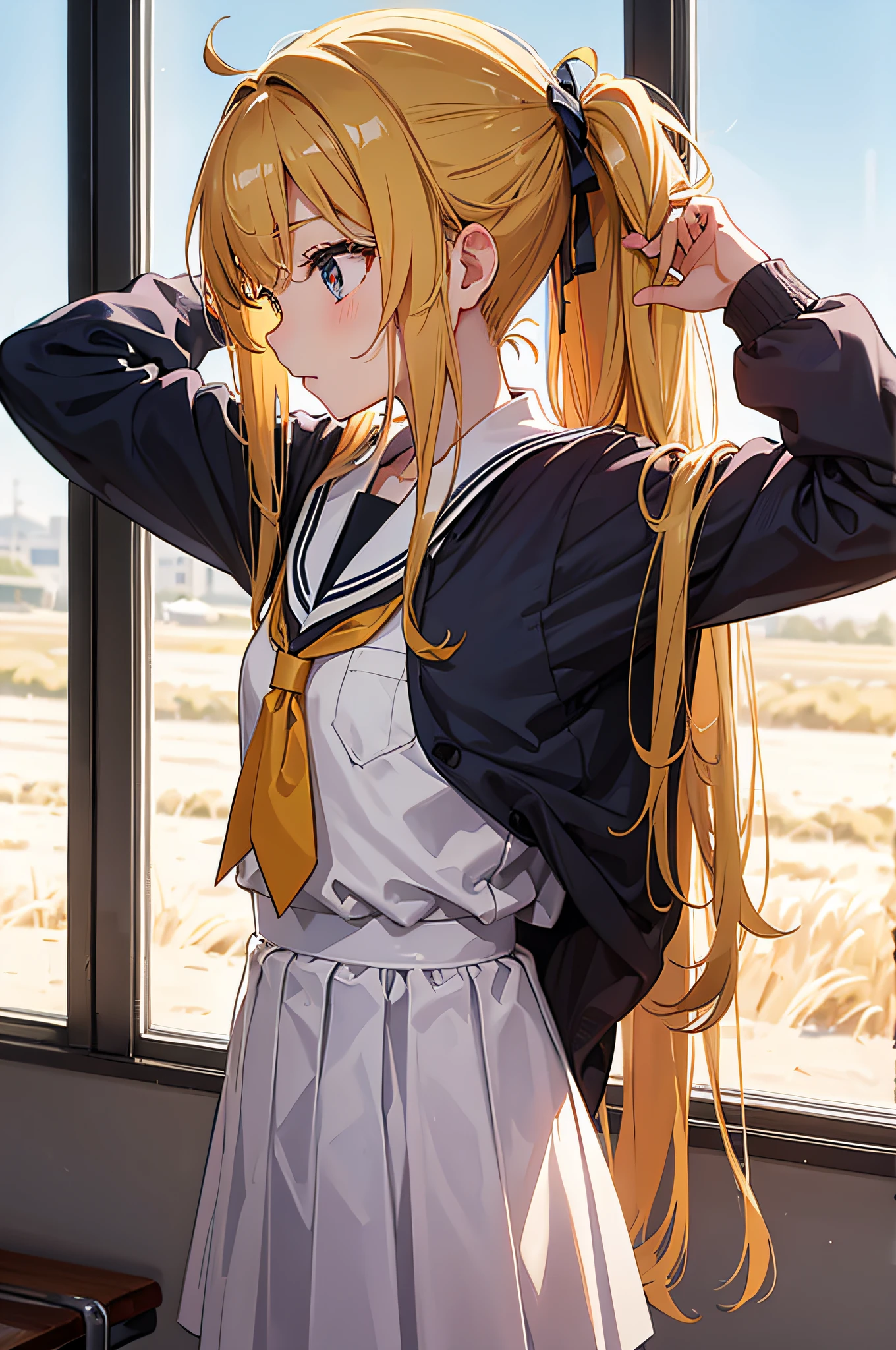the gesture of tying one's hair back、poneyTail、Wheat-colored hair、High school girl in uniform、perspiring、Facing backwards、in class room、独奏