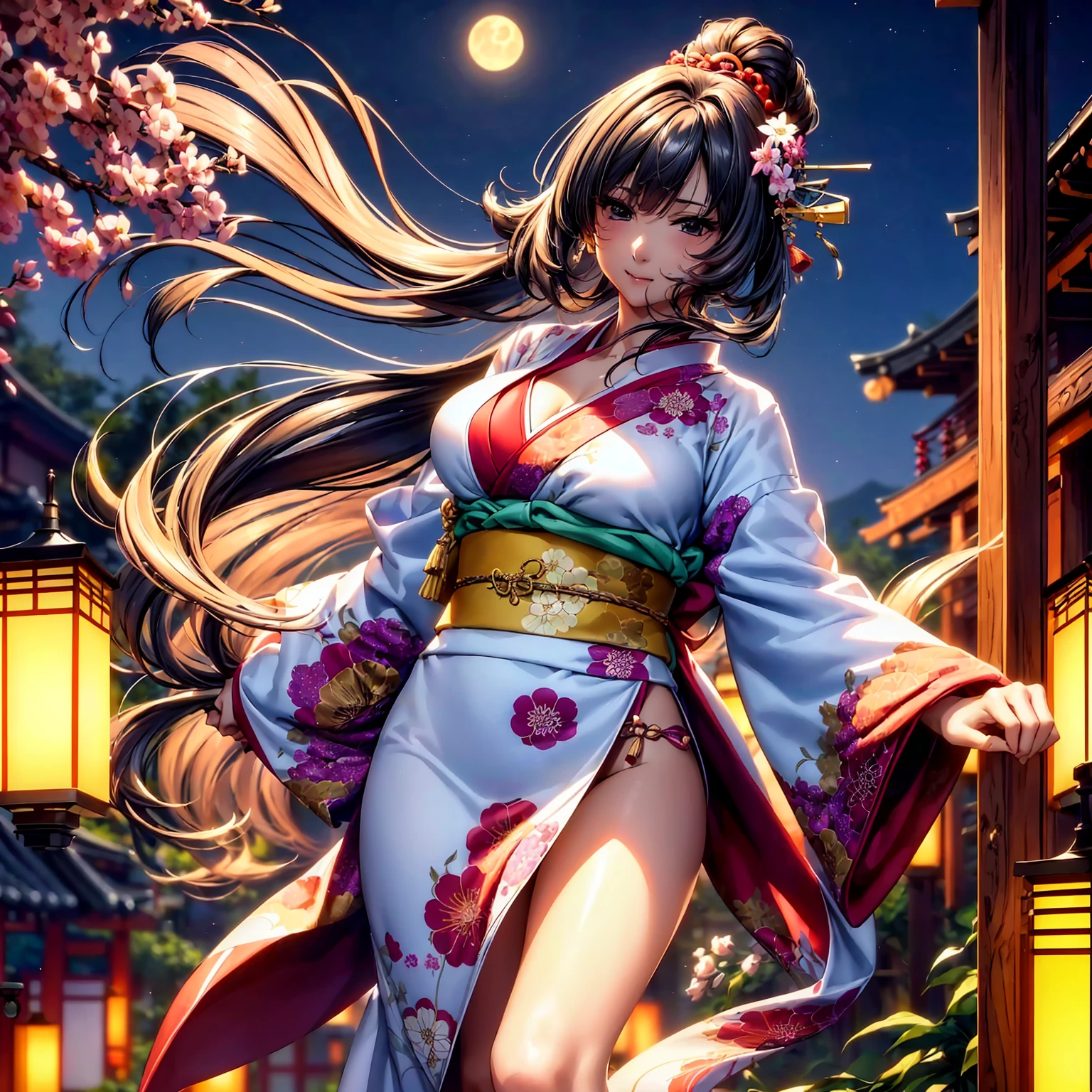 (top quality picture、masterpiece level、very high res、超A high resolution,High quality detailing)、(A 24-year-old beautiful girl with perfect and ultimate beauty..,beautiful breasts and figure,Beautiful body,美丽的面容,Strong-willed eyes:1.5)、(There are many variations of hairstyles,Bangs are neatly arranged,long straight hair on the side,Beautiful hair:1.2),lifelike textures,Beautiful colors,(She is wearing a Japanese kimono with beautiful colors.,wearing a brightly colored kimono,Japanese decoration,Japanese hair,shoulders are exposed,I can see the cleavage,thigh visible:1.2),Have a bright smile,line of sight,Mouth opens,The wind is blowing(The wind blows and the sleeves and obi of the kimono flap.,Hair flutters under the influence of the wind:1.2),Beautiful Japan garden,fantastic night sky and moon,Lanterns are lit,nighttime scene,Beautiful Landscapes,(The whole body,accurate anatomy、extremely detailed picture、Accurate images、Perfect Image 1.5)、beautiful anime woman, Beautiful Art Style, an animated character、(The whole picture、Detailed picture、Defect-free images、natural soft light、beautiful image),(Best Shot 1.2)