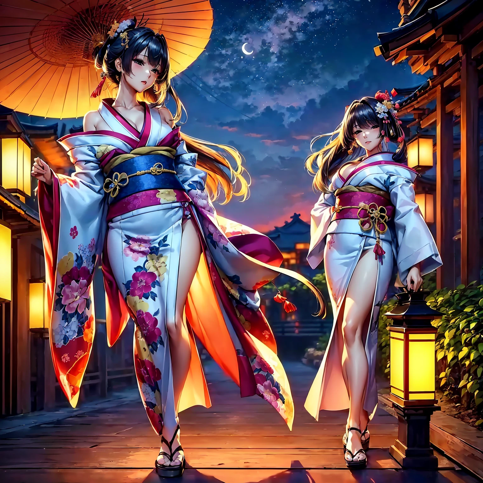 (top quality picture、masterpiece level、very high res、超A high resolution,High quality detailing)、(A 24-year-old beautiful girl with perfect and ultimate beauty..,beautiful breasts and figure,Beautiful body,美丽的面容,Strong-willed eyes:1.5)、(There are many variations of hairstyles,Bangs are neatly arranged,long straight hair on the side,Beautiful hair:1.2),lifelike textures,Beautiful colors,(She is wearing a Japanese kimono with beautiful colors.,wearing a brightly colored kimono,Japanese decoration,Japanese hair,shoulders are exposed,I can see the cleavage,thigh visible:1.2),Have a bright smile,line of sight,Mouth opens,The wind is blowing(The wind blows and the sleeves and obi of the kimono flap.,Hair flutters under the influence of the wind:1.2),Beautiful Japan garden,fantastic night sky and moon,Lanterns are lit,nighttime scene,Beautiful Landscapes,(The whole body,accurate anatomy、extremely detailed picture、Accurate images、Perfect Image 1.5)、beautiful anime woman, Beautiful Art Style, an animated character、(The whole picture、Detailed picture、Defect-free images、natural soft light、beautiful image),(Best Shot 1.2)