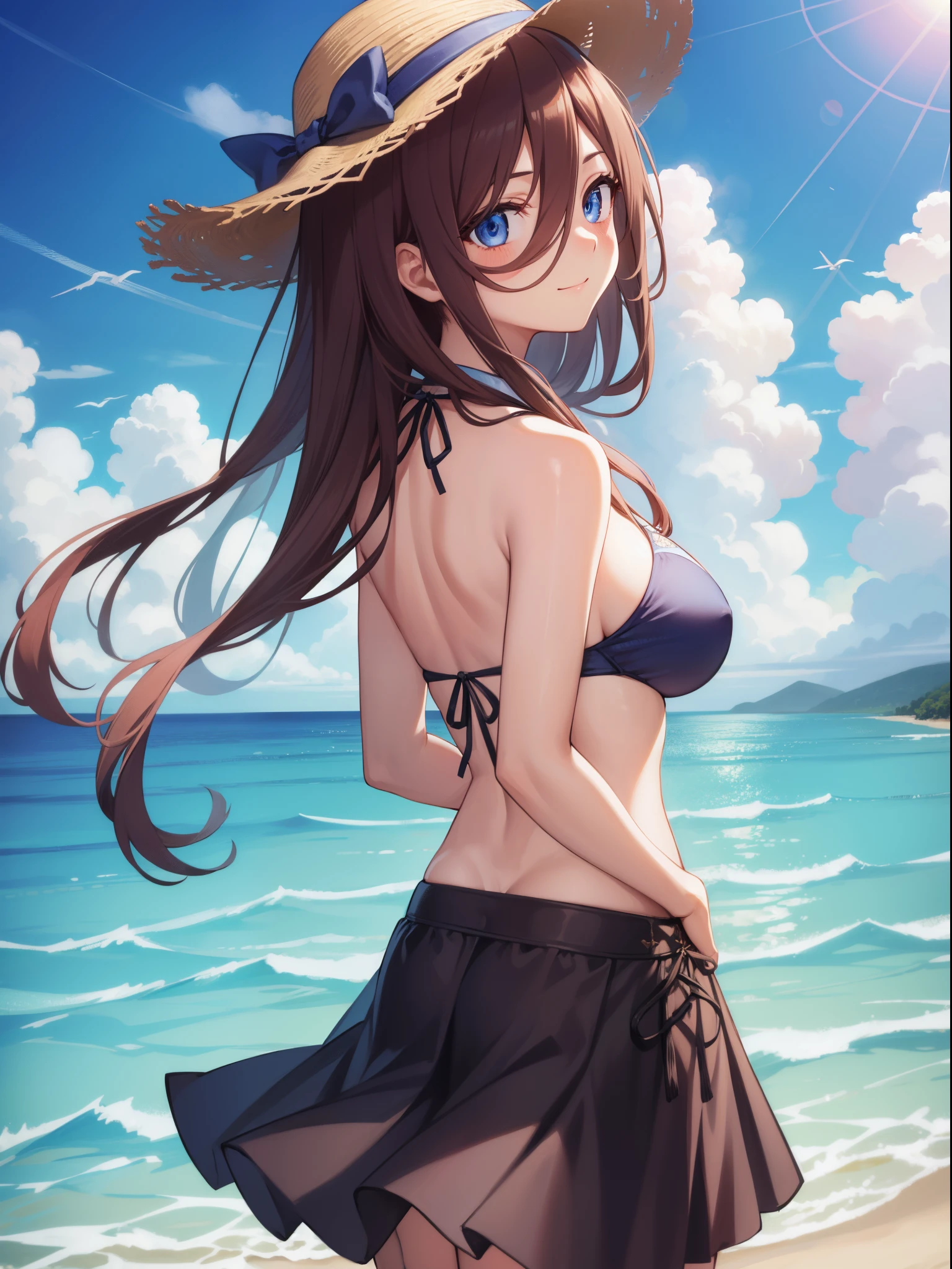 1girl, miku nakano, long hair, bangs, blue eyes, brown hair, hair between eyes, headphones, headphones around neck, (blush:1.1), smile,
BREAK (skirt style bikini:1.3), (a straw fedora hat), blue bikini, huge breasts, Naked, Exposed skin, (fold your arms behind your back:1.3), (looking back:1.2), standing,
BREAK (sea:1.2), (beach:1.1), (solar:1.2), morning,
BREAK looking at viewer,
BREAK (masterpiece:1.2), best quality, high resolution, unity 8k wallpaper, (illustration:0.8), (beautiful detailed eyes:1.6), extremely detailed face, perfect lighting, extremely detailed CG, (perfect hands, perfect anatomy),