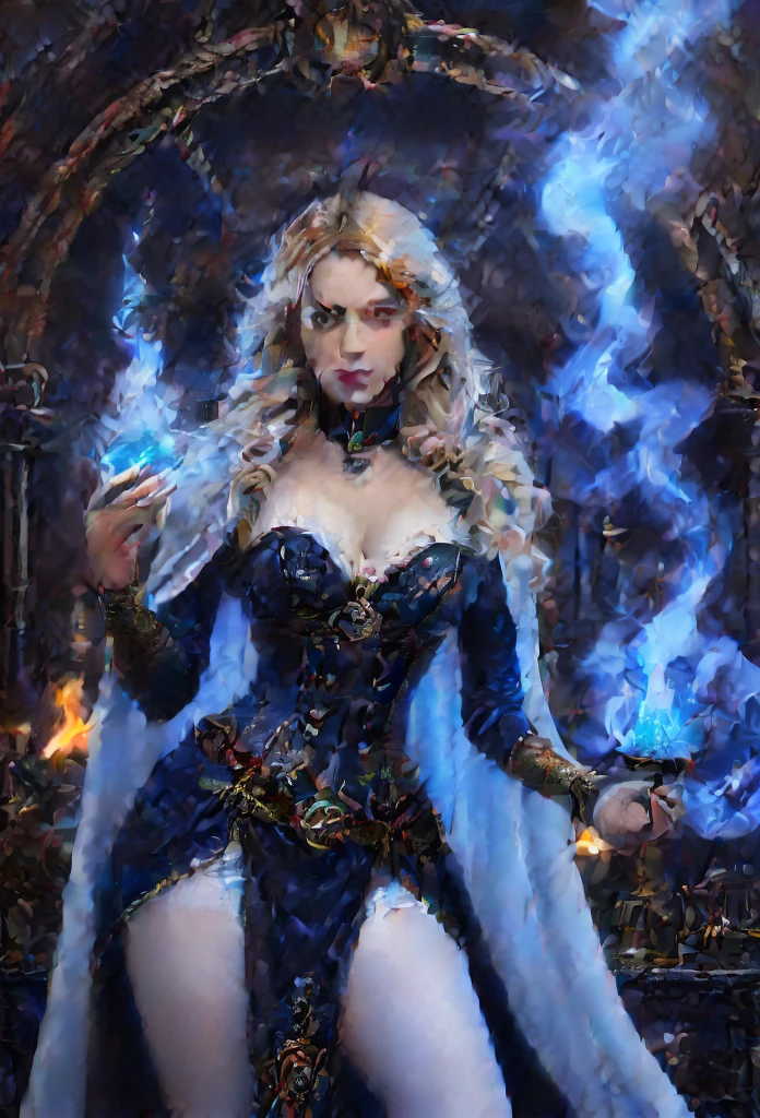 arte de fantasia, arte steampunk, Arte de RPG, fotografia, .RAW, , Melhor Detalhado, Imagem de uma mulher bruxa, Manipulating the Magic Blue Fire, mulher extremamente bonita (Melhor Detalhado, master part, hiper-realista: 1.5) cabelos loiros, cabelos ricos, cabelos ondulados, dynamic eye color, vestindo vestido preto e branco, Usando (Capa branca: 1.2), Usando (knee tights: 1.2), usando botas de salto alto, lace-up boots, compor, steampunk laboratory background, ultra melhor realista, melhores detalhes, best quality, 16k, [ultra detalhado], master part, best quality, (extremamente detalhado), tiro ultra largo, fotorrealismo, profundidade de campo, pintura hiper realista, Runas brilhantes_Purple, fogo azul