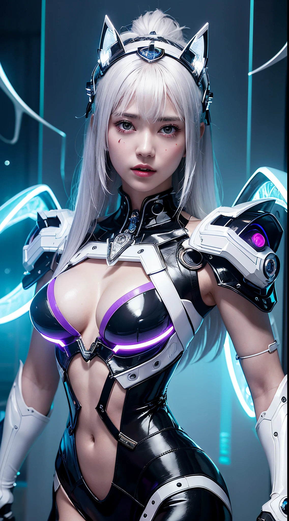 quality、tmasterpiece、超高分辨率、(真实感:1.4)、RAW photoattle Robot Angel、White porcelain body、Acrylic transparent cover、White hair、Glowing and radiant skin、1 robot girl、((Ultra-realistic details))、Potrat、globalillumination、cel shadow、Octagonal rendering、8K、Super sharp、Character edge light,Colossal tits、Original leather、Intricate decorative details、Aztec details、Hydraulic cylinder、Small LED light、highly intricate detail、True ray tracing、a purple eye、Radiant in front of the camera、neon light detail、Futuristic headgear、About cyberpunk、、