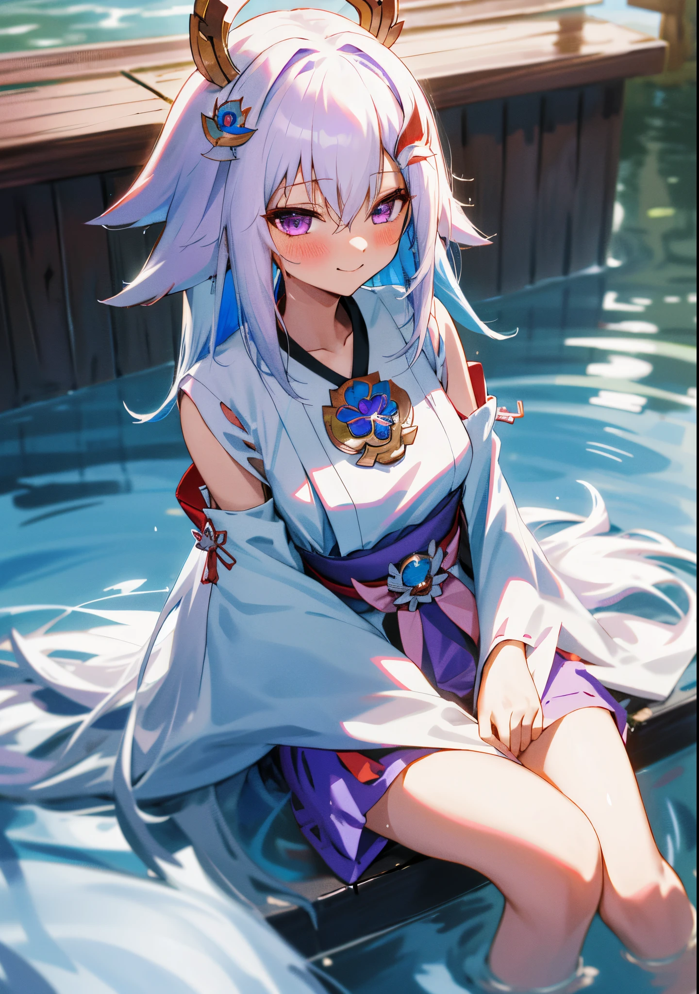 One girl with long hair, bangs, white hair, blue inner hair, purple eyes, looking at viewer, blushing, little smile, miko dress, miko, temple, dizzy, mid-chest, perfect waist, spread legs, day atmosphere, hair ornament, sitting, bare legs, indoor, wet, sit and soak in the water