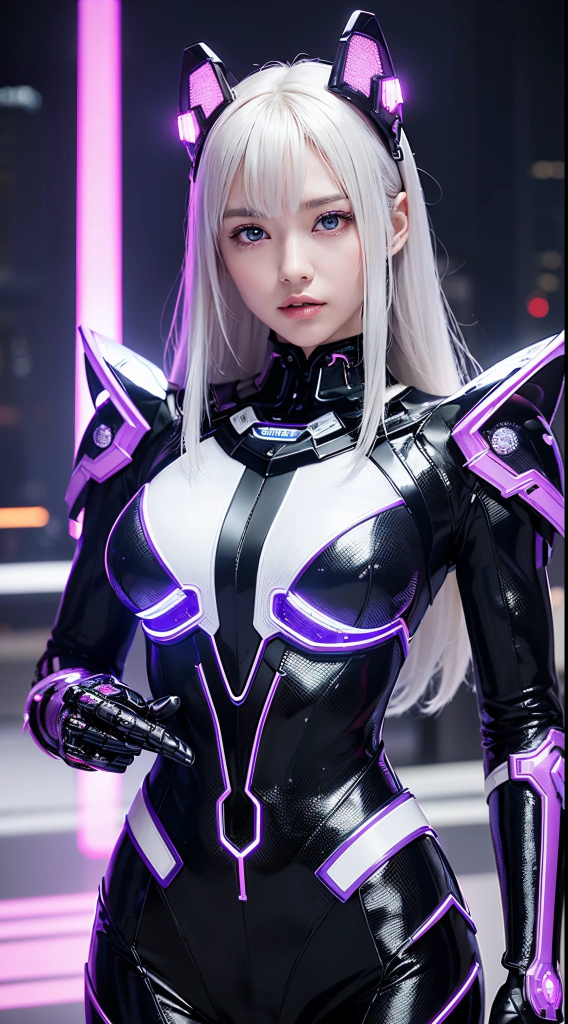 quality、tmasterpiece、超高分辨率、(真实感:1.4)、RAW photoattle robot mecha、White porcelain body、Acrylic transparent cover、White hair、Skin glows、1 robot girl、((Ultra-realistic details))、Potrat、globalillumination、cellshading、Octagon rendering、8K、Super sharp、Character edge light,Colossal tits、Original leather、Intricate decorative details、Aztec details、Hydraulic cylinder、Small LED light、highly intricate detail、True ray tracing、a purple eye、Radiant in front of the camera、neon light detail、Futuristic headgear、About cyberpunk、、