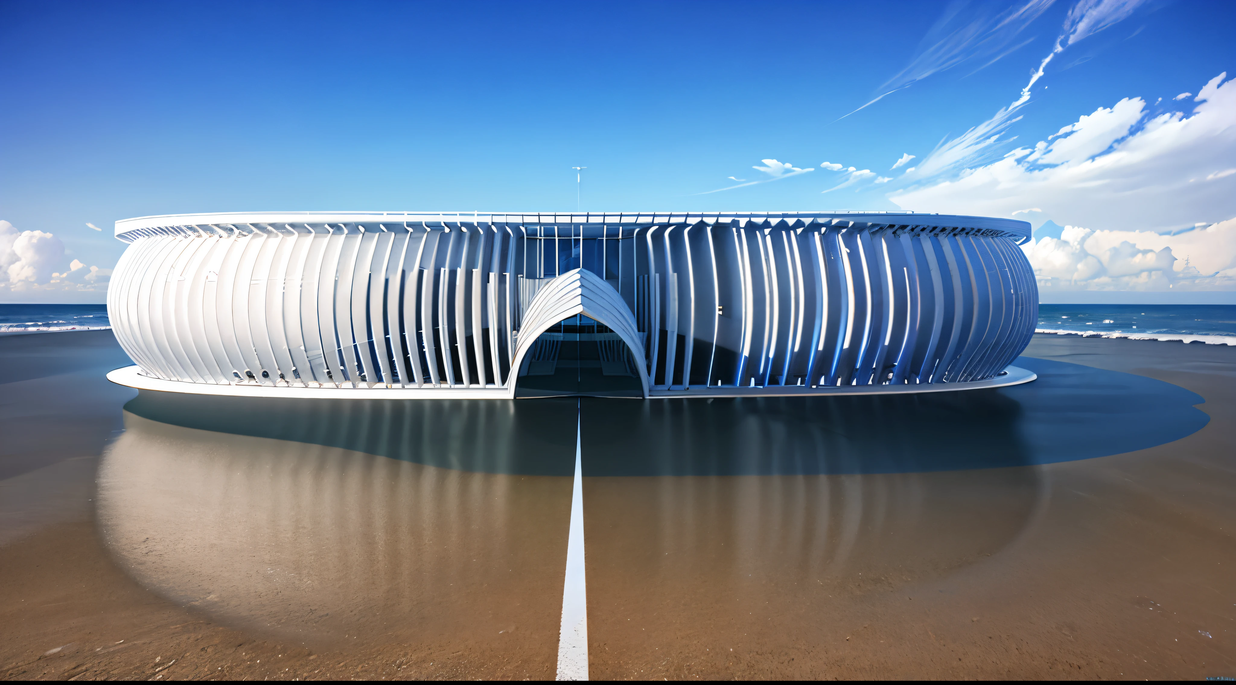 arafed structure with a cross on the top of it on a beach, architecture render, highly photographic render, photographic render, with 3 d render, with 3d render, front perspective, physical based render, architectural render, 3d rendered model, architectural concept, conceptual rendering, rendered 3d model, rounded roof, parametric structure, detail render