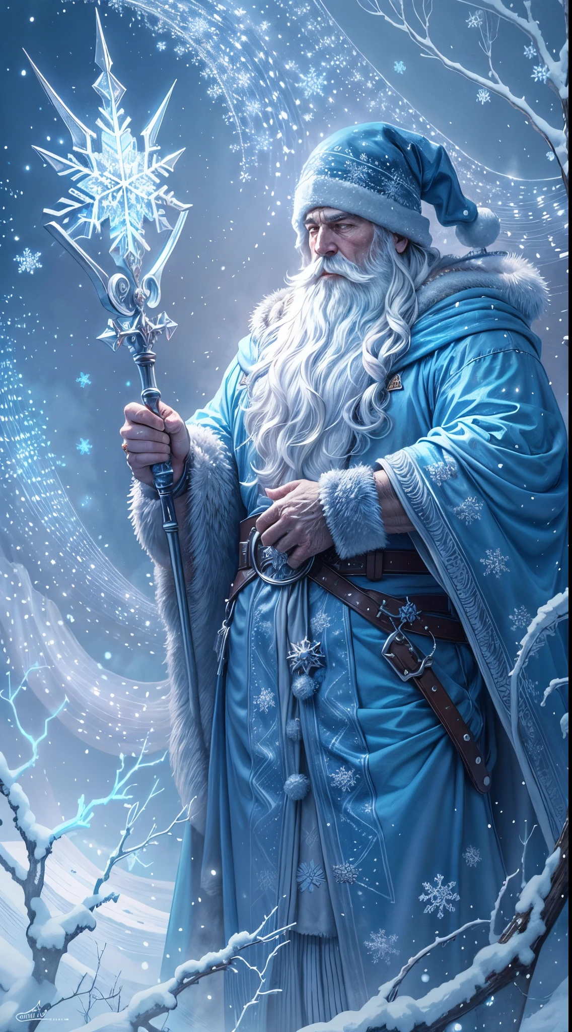 (a detailed, realistic portrait)Santa Claus(,the iconic Christmas figure,)as an wizard,in a snowy winter landscape(dotted with frosted trees and gently falling snowflakes).His(white, flowing)beard(glistens with crystals and)extendelow his waist).He wears(a long, blue robe),(embroidered with delicate snowflake patterns),that billows in the cold wind, and(a silver belt)cinches his waist. His eyes(glitter with a subtle blue hue)and(his nose adorned with a snowflake-shaped)-shaped silver ring. In one hand, he holds(a sparkling icicle staff)that emits a soft, cool glow.(He stands atop a towering) platform,(emitting an ethereal blue light)that emanates from underneath it. The sky(dons a palette of icy blue and lavender hues),while(pale sunlight)peeks through the clouds, casting a(soft, cool glow)over the entire scene.