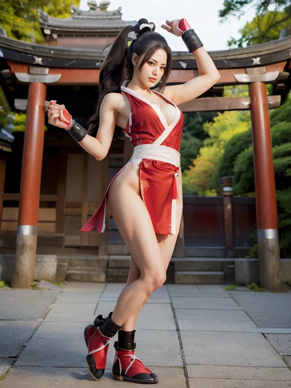(mai shiranui:1.5), (tabi:2.0), (toe:1.2), (Full body portrait:2.0), Full body, (Realism), (masutepiece:2.0), (Best Quality), (ultra-detailliert), (8K, 4K, Convoluted), (Flat Lighting:1.2), (skinny), Prestige, Brown eyes, Long hair, Brown hair, White ribbon, Sleeveless, poneyTail, sash, pelvis curtain, arm guards, mitts, fascinated expression, Sexy eyes, medium breasts, Smile, Cute, view the viewer, Long hair, Close to Japan temple, (breasts focus:1.2), (Realistic:1.2), (Full Shot: 1.2), (85 mm), light Particle, Lighting, (Highly detailed:1.2), (Detailed face:1.2), (gradients), SFV, Colorful, (Detailed eyes:1.2), (Detailed temples of Japan: 1.2),(Detailed background), (Dynamic Angle:1.2), (Dynamic Pose:1.2), (Line of action:1.2), Wide Shot, Daylight, Solo.